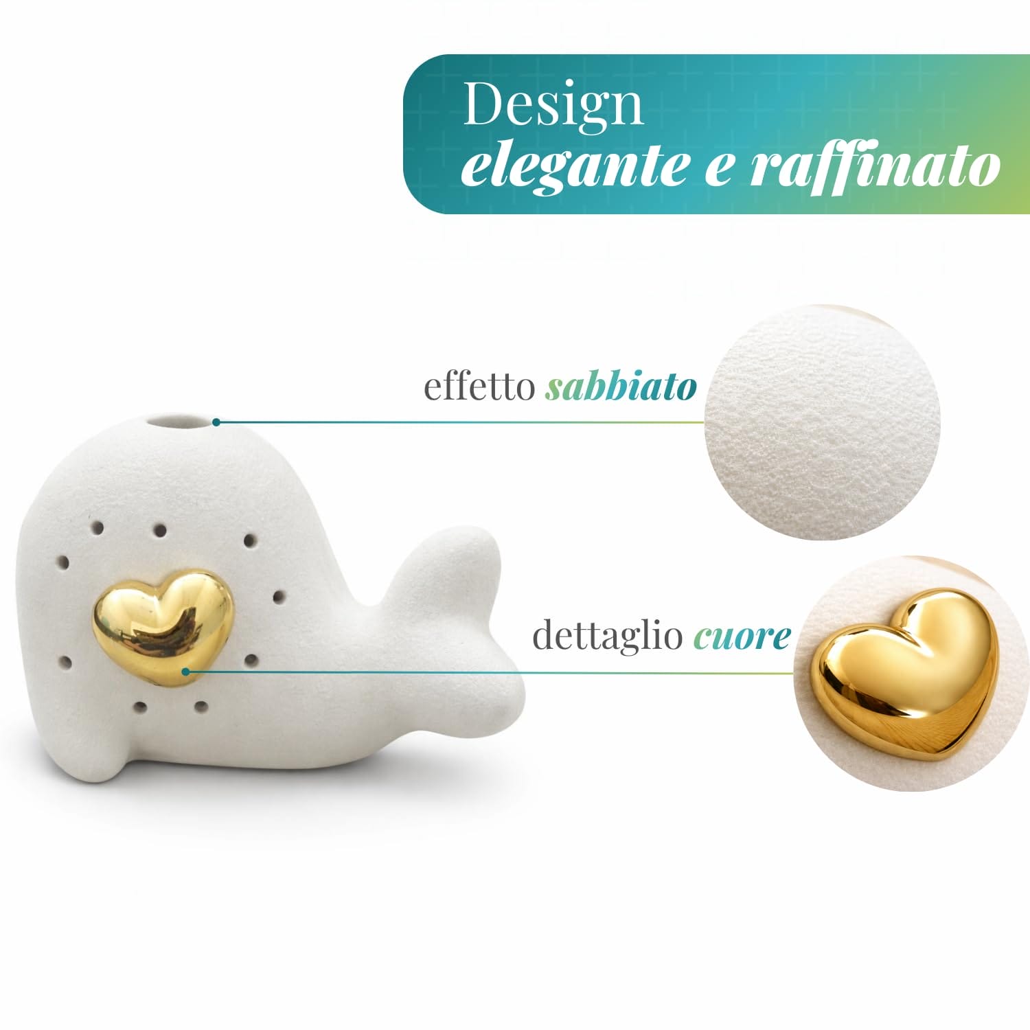 Bomboniera balena in ceramica effetto sabbiato con cuore dorato e luce LED