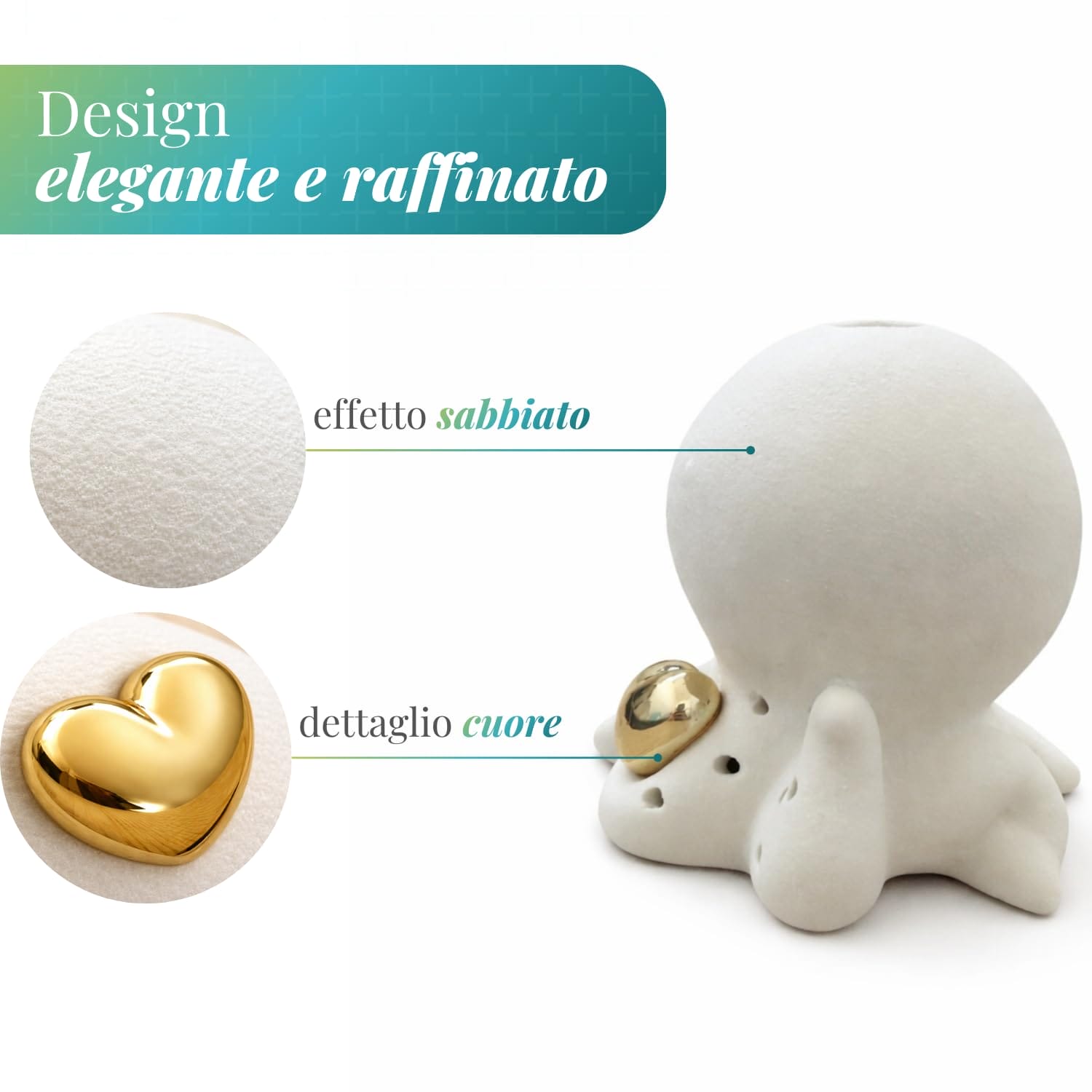 Bomboniera a forma di polipo in ceramica effetto sabbiato con cuore dorato e luce LED