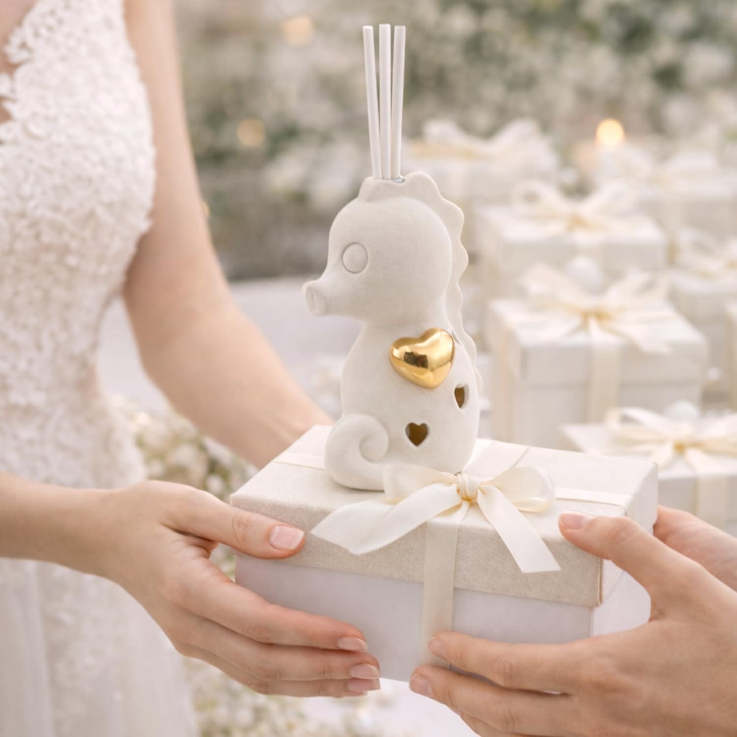 Bomboniera cavalluccio marino ceramica con cuore oro, idea bomboniera matrimonio, comunione e battesimo