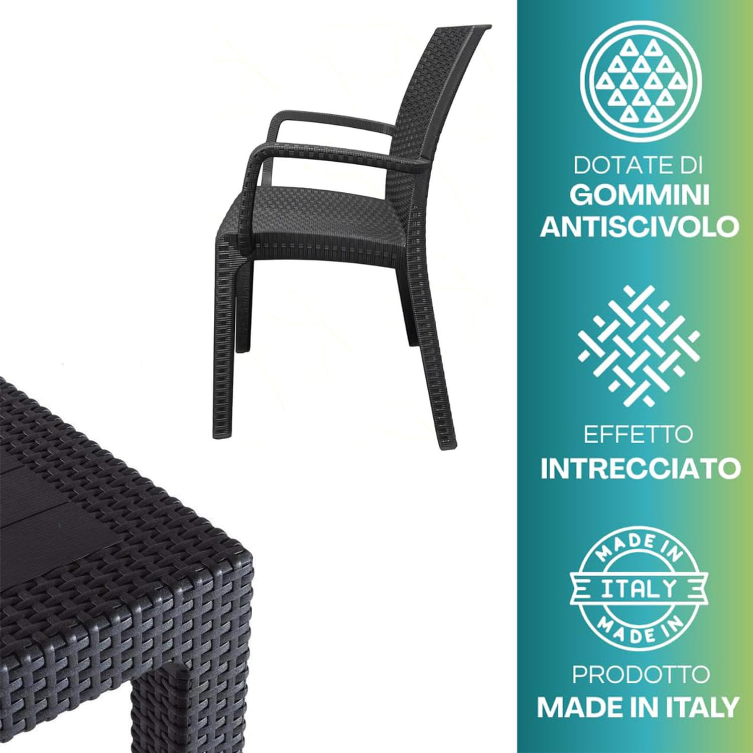 Set tavolo e sedie da giardino effetto rattan in polipropilene con gommini antiscivolo