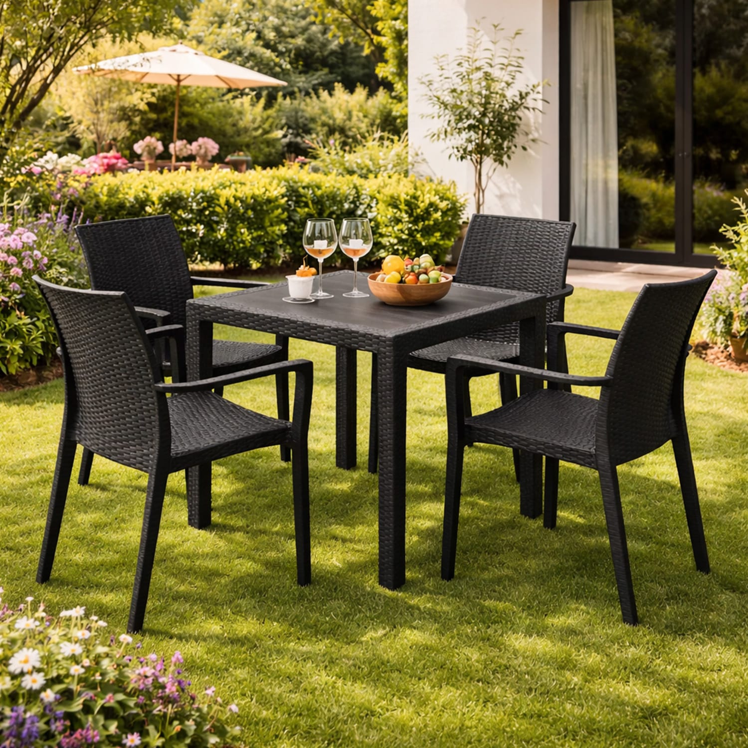 Set tavolo quadrato con 4 sedie antracite effetto rattan per giardino terrazzo esterno
