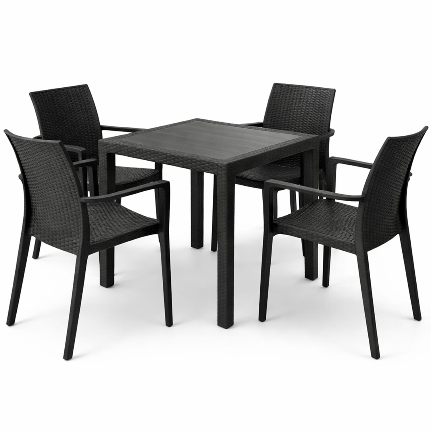 Set da giardino con tavolo quadrato e 4 sedie antracite effetto rattan con braccioli impilabili