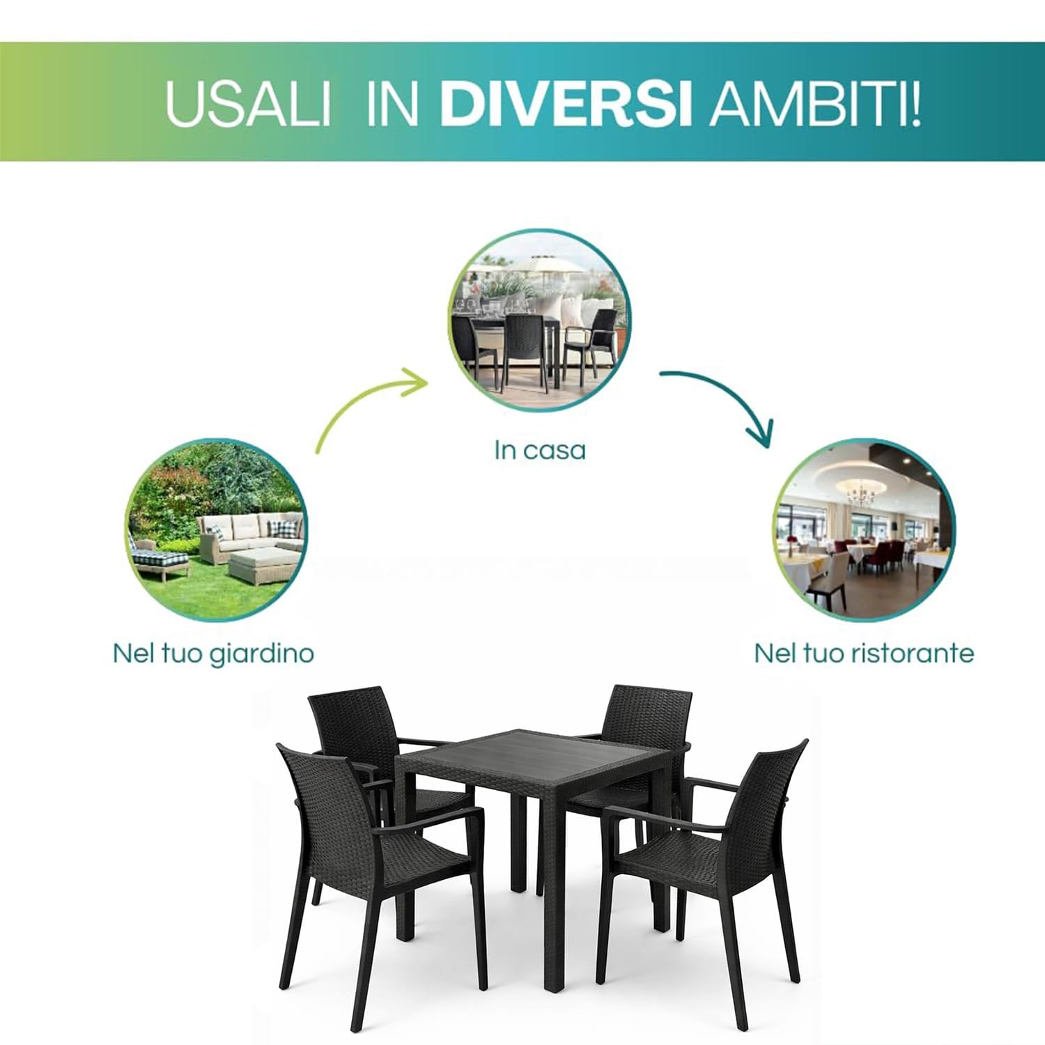 Set da giardino tavolo e 4 sedie effetto rattan ideale per esterno casa terrazzo ristorante