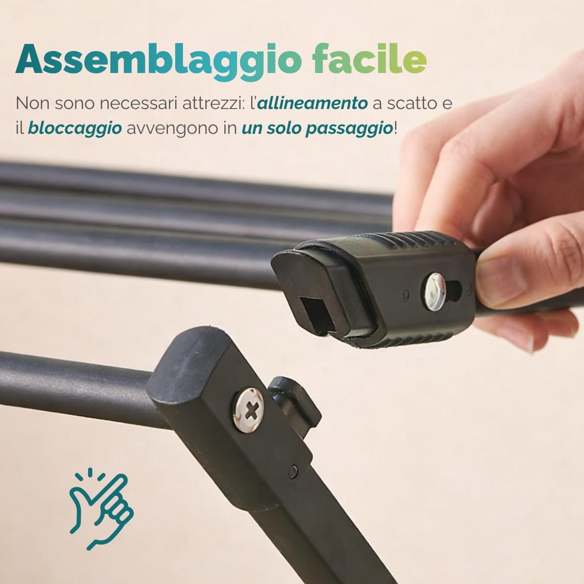 Stendino pieghevole facile da montare senza attrezzi, sistema a scatto con bloccaggio rapido