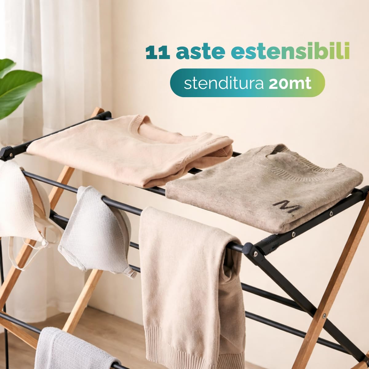 Stendino estensibile da pavimento con 11 aste per bucato, capacità di stenditura 20 metri per uso domestico