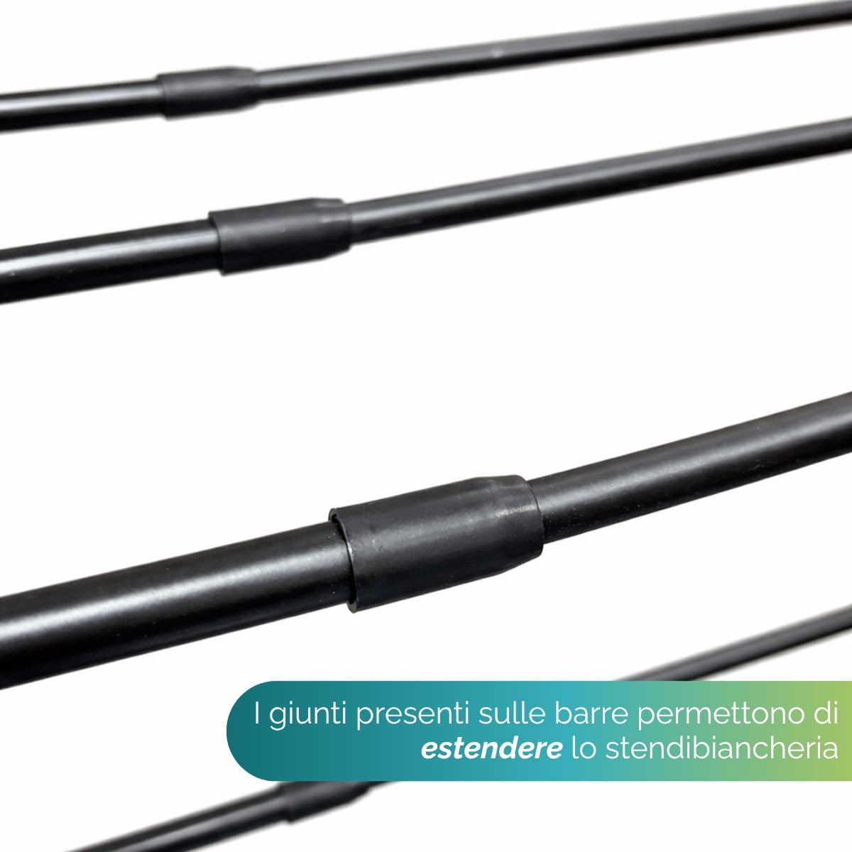 Dettaglio aste estensibili stendino pieghevole, sistema regolabile per aumentare lo spazio di stenditura