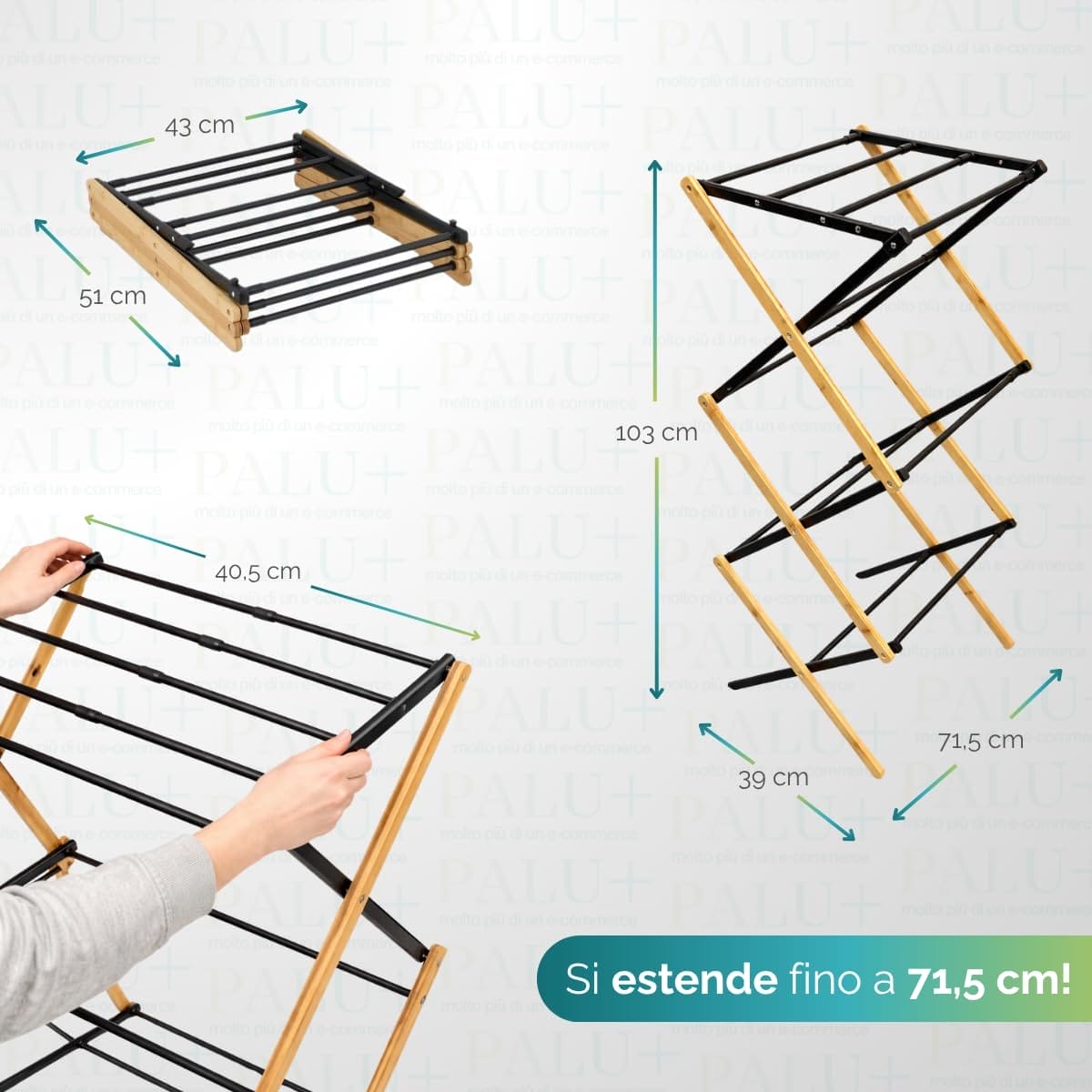 Stendibiancheria pieghevole in bamboo e metallo con dimensioni regolabili 43-74 cm, design salvaspazio da pavimento