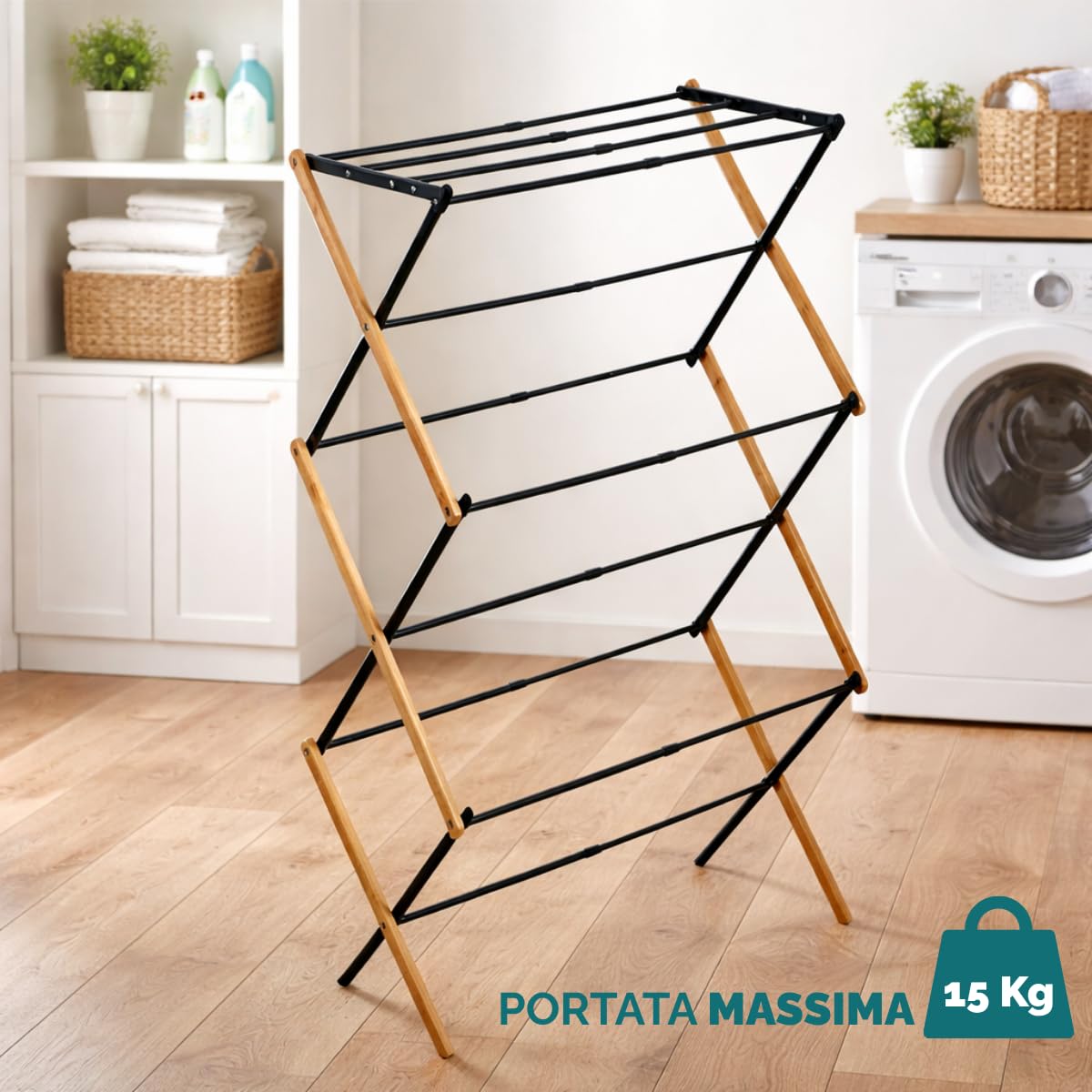 Stendibiancheria da terra pieghevole in bamboo e metallo, struttura stabile con portata fino a 15 kg