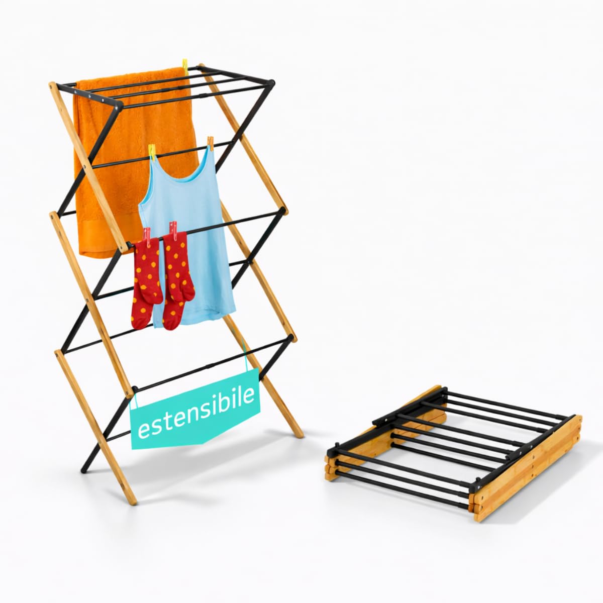 Stendino da pavimento estensibile in bamboo richiudibile, design salvaspazio con struttura pieghevole compatta