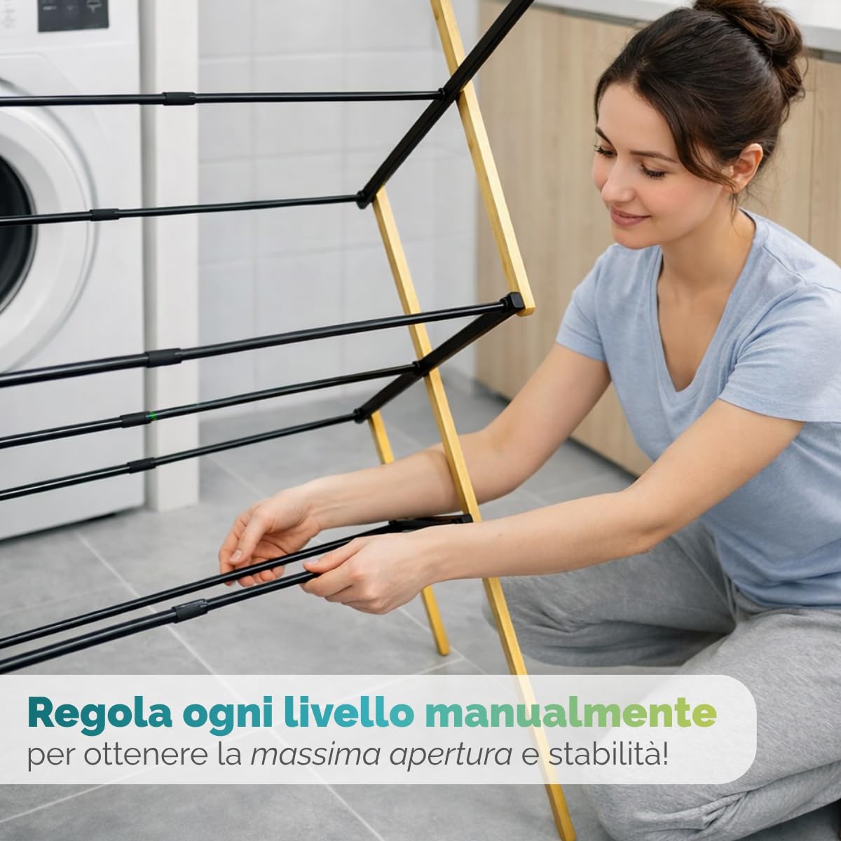 Stendibiancheria regolabile manualmente con livelli estensibili per maggiore stabilità e apertura personalizzata