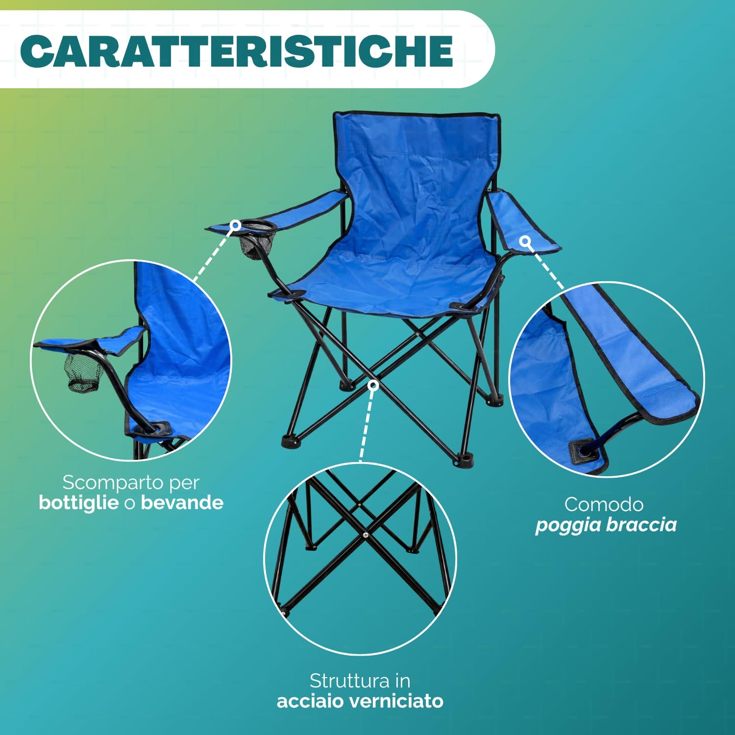 Caratteristiche sedia pieghevole da pesca con braccioli, portabicchiere e telaio in acciaio