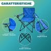 caratteristiche-sedia-pieghevole-campeggio-blu Caratteristiche sedia pieghevole da pesca con braccioli, portabicchiere e telaio in acciaio