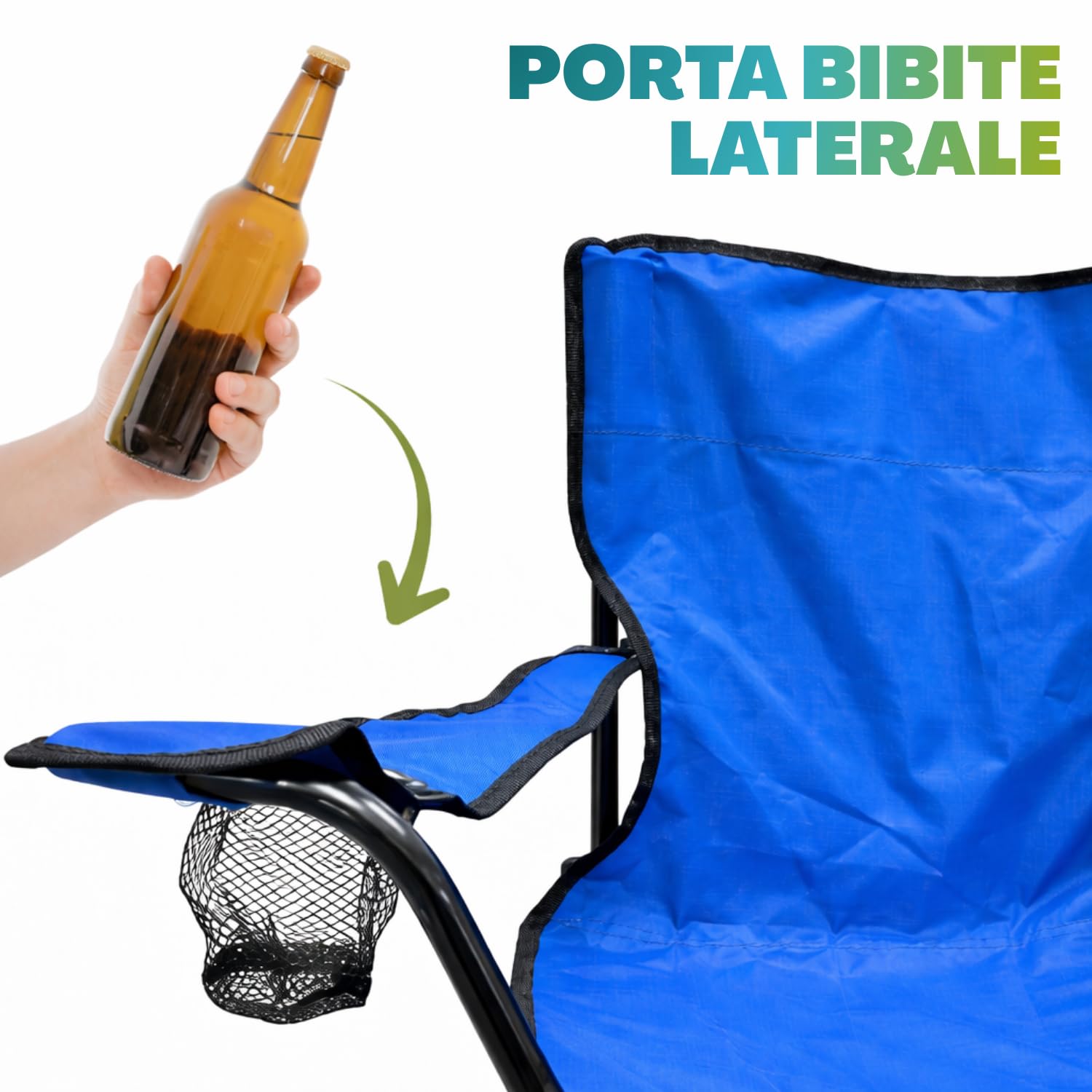 Sedia pieghevole da campeggio con struttura in acciaio e portabicchiere laterale caratteristiche