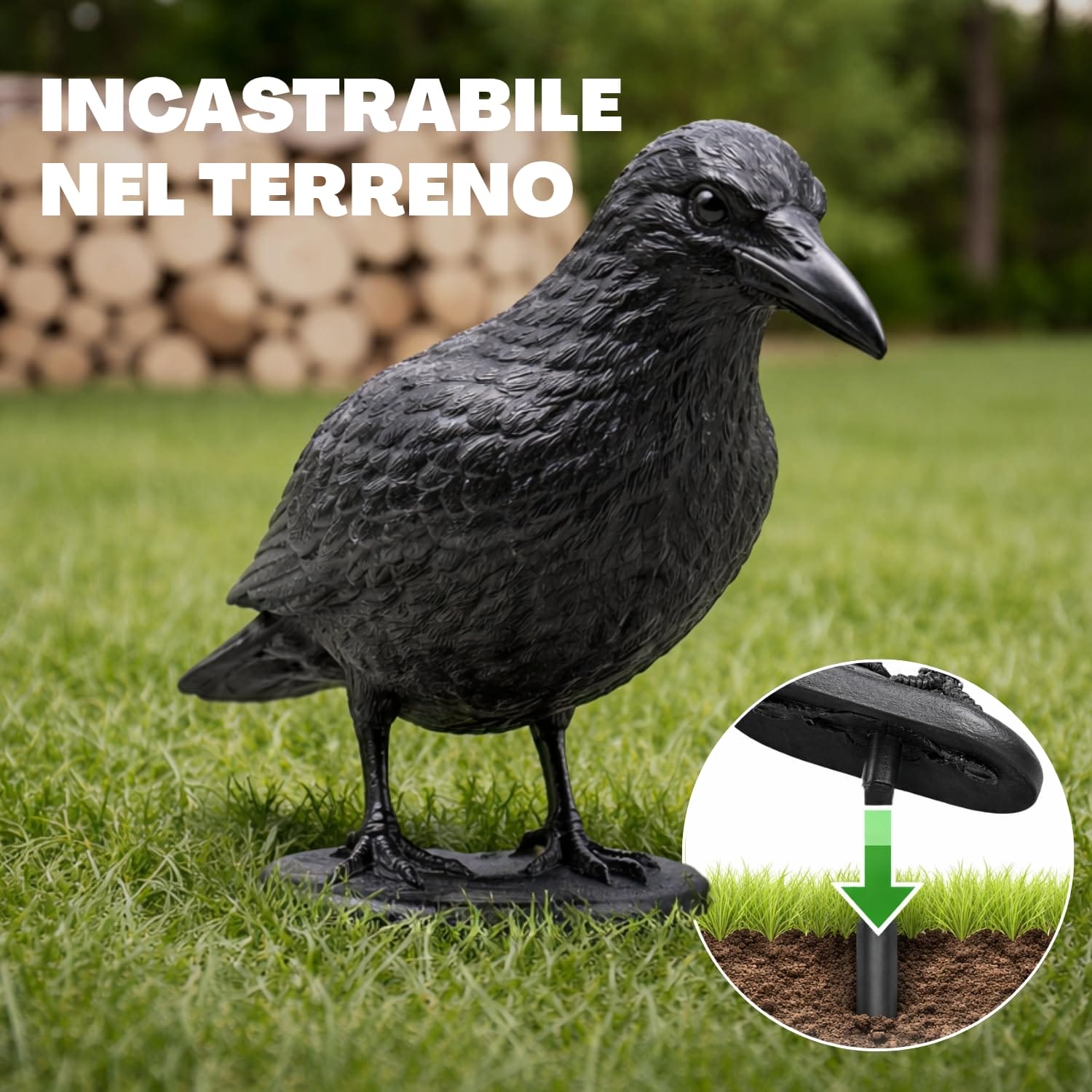 Corvo dissuasore piccioni da giardino con picchetto da terreno, repellente uccelli realistico nero