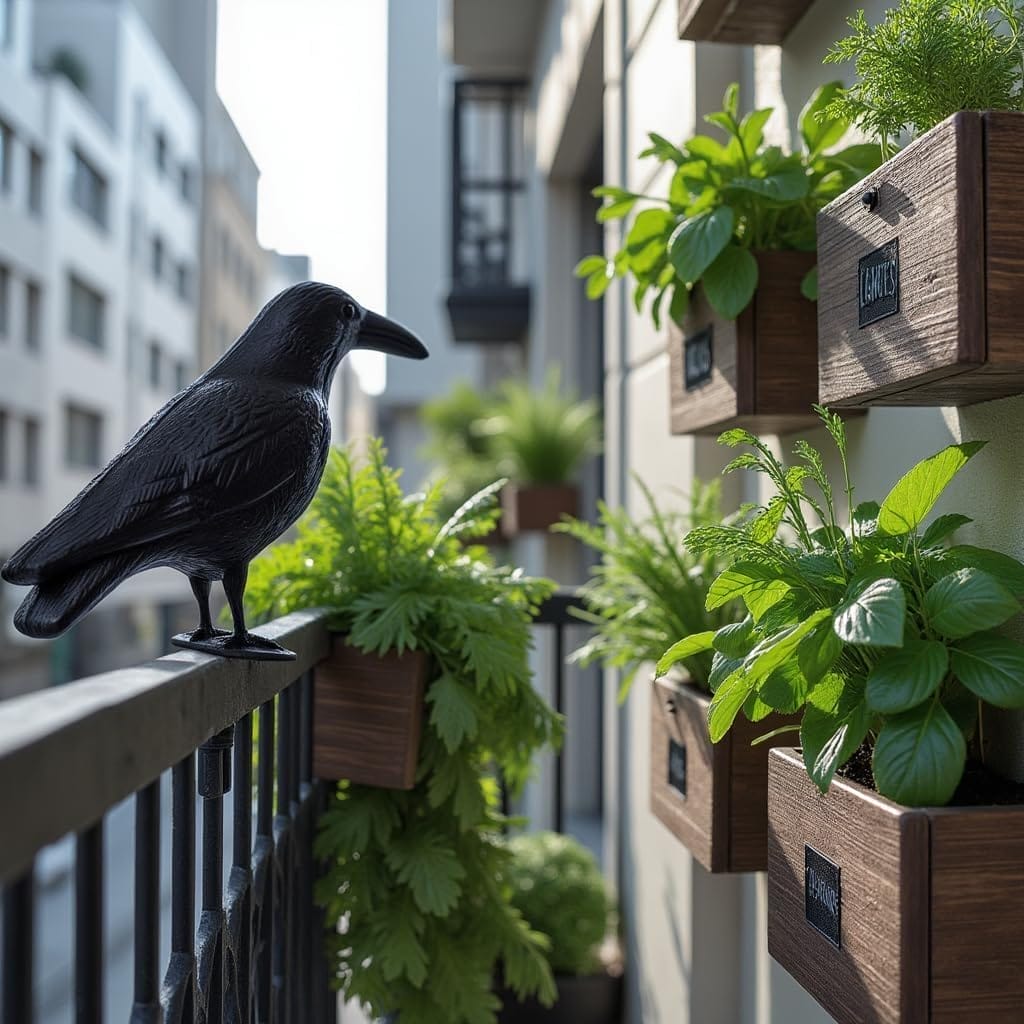 Corvo finto anti piccioni su balcone, dissuasore uccelli per ringhiera terrazzo e vasi