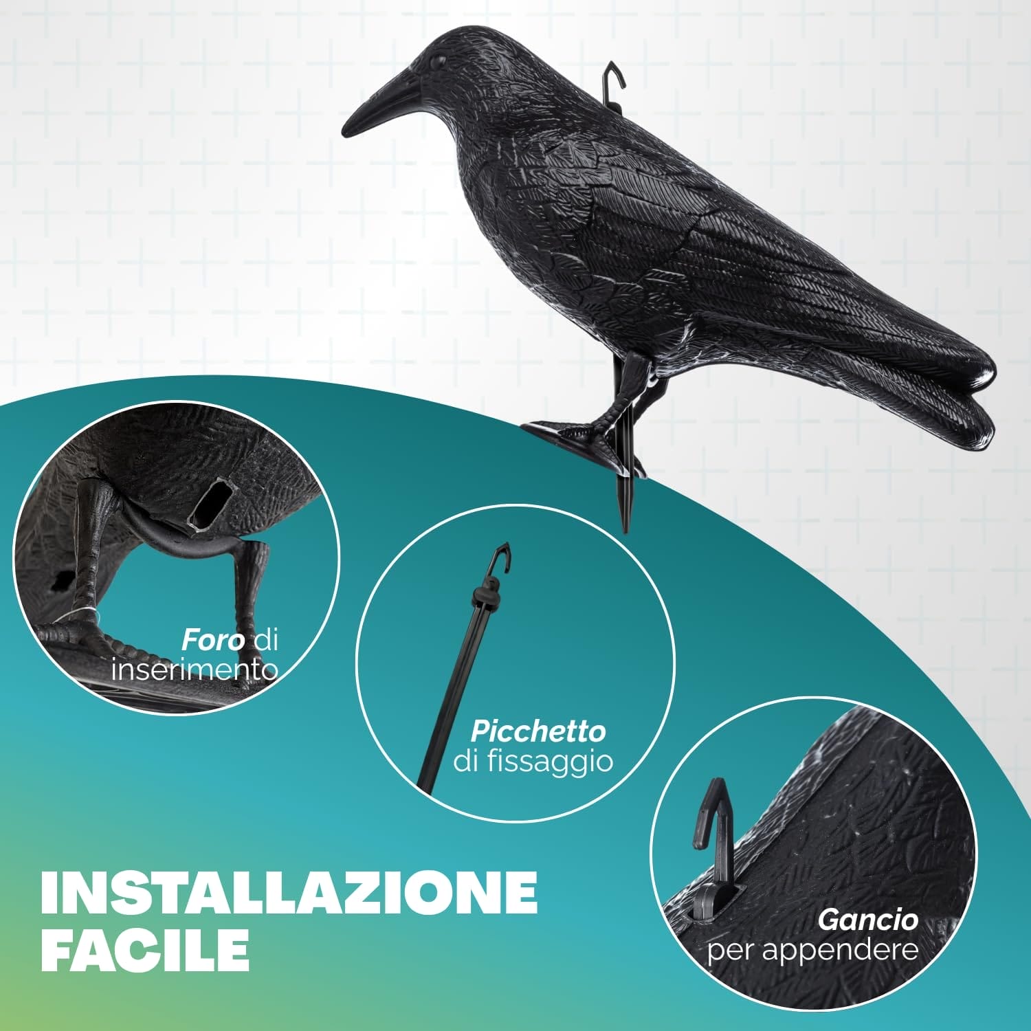 Dissuasore piccioni a forma di corvo con gancio e picchetto, installazione facile per balcone e tetto