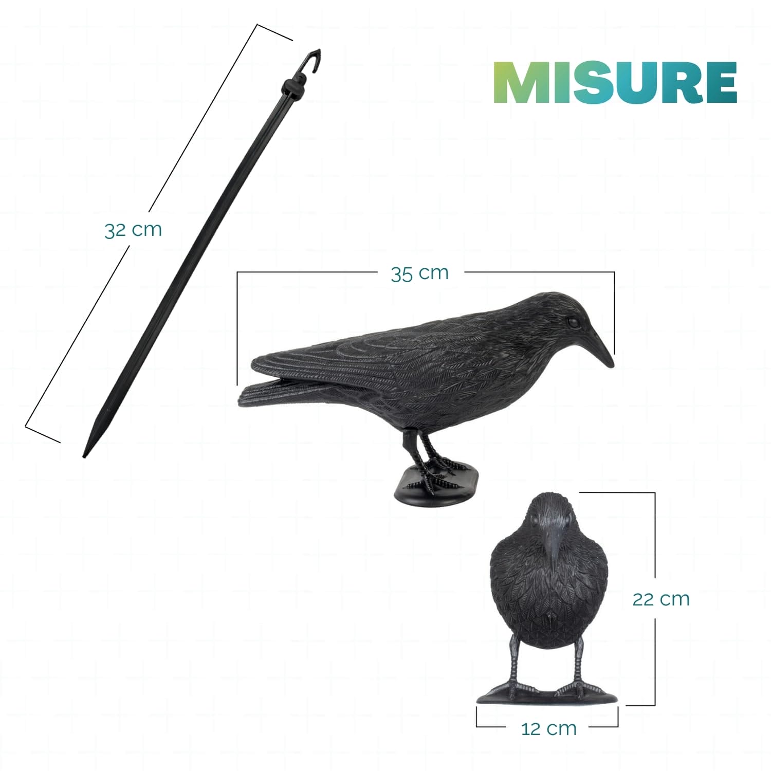 Corvo anti piccioni con picchetto e misure 35x22 cm, dissuasore uccelli da giardino resistente