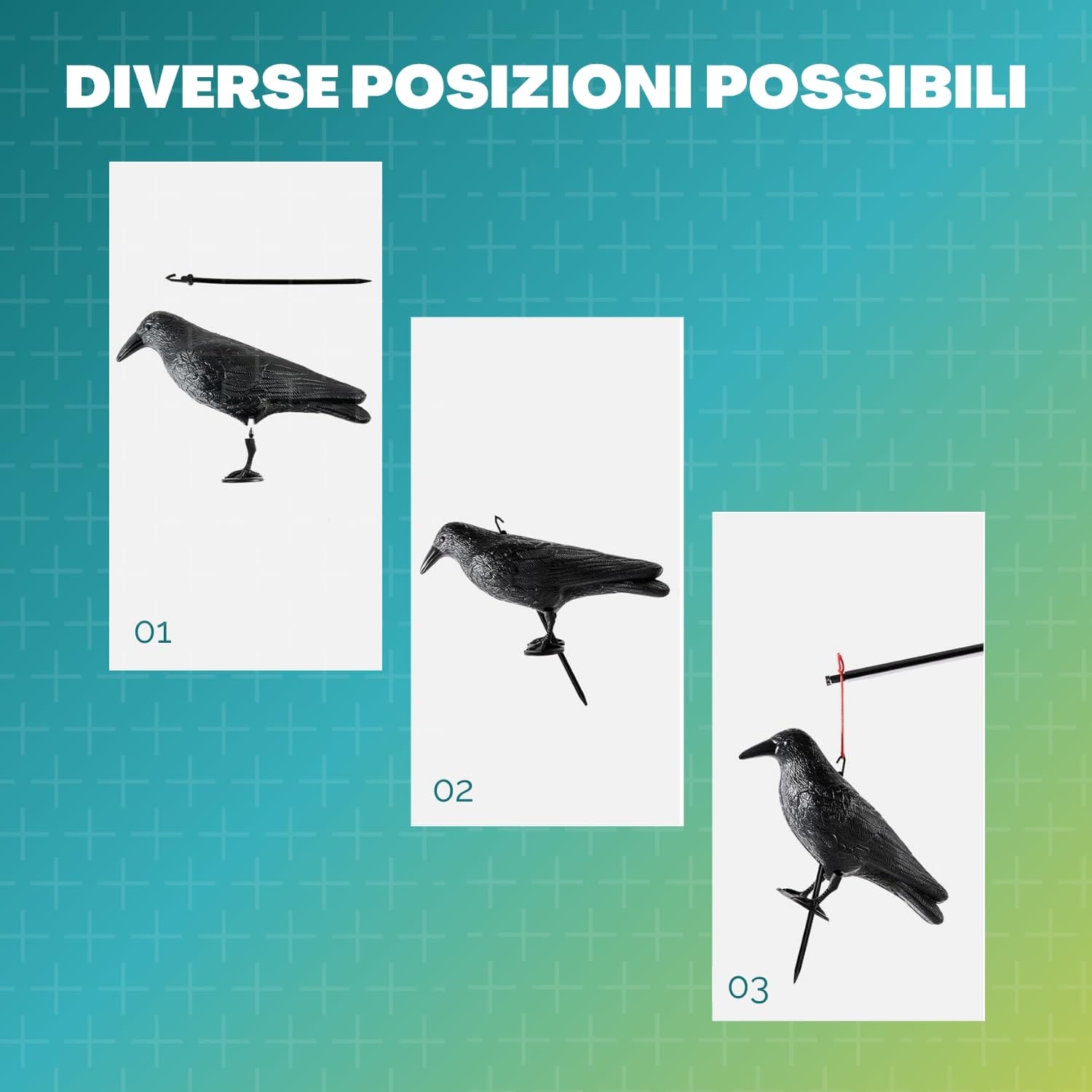 Corvo anti uccelli con picchetto e supporto, diverse posizioni per dissuasore piccioni realistico