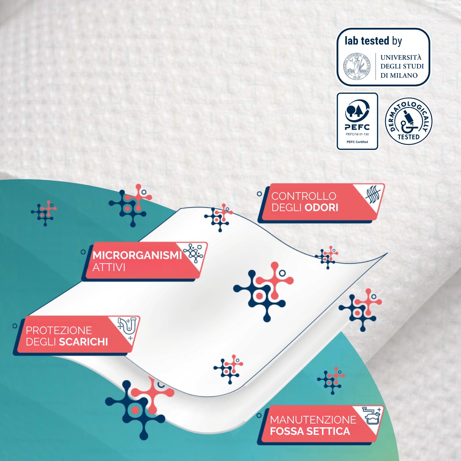 Carta igienica con microrganismi attivi per controllo odori e manutenzione scarichi