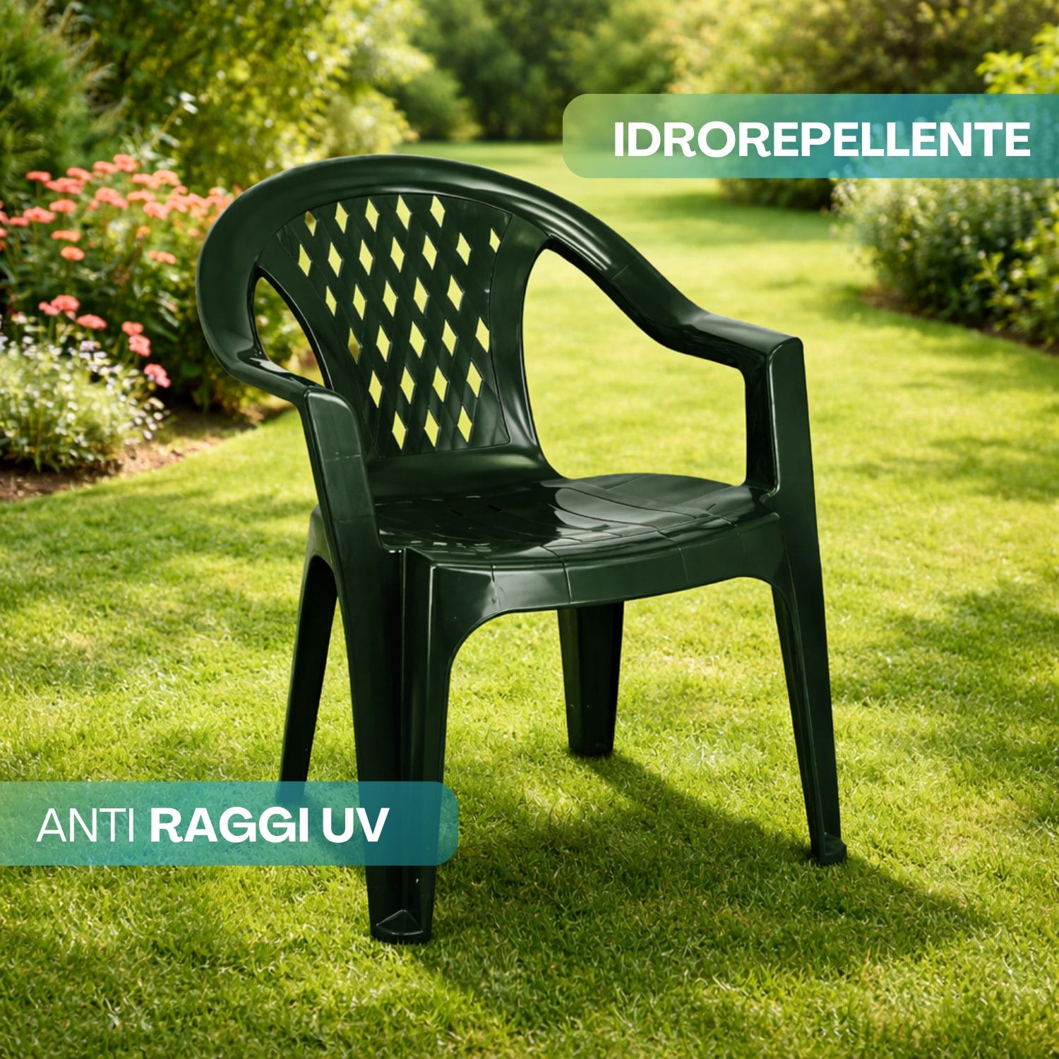 Sedia plastica verde da giardino con braccioli resistente a sole e pioggia