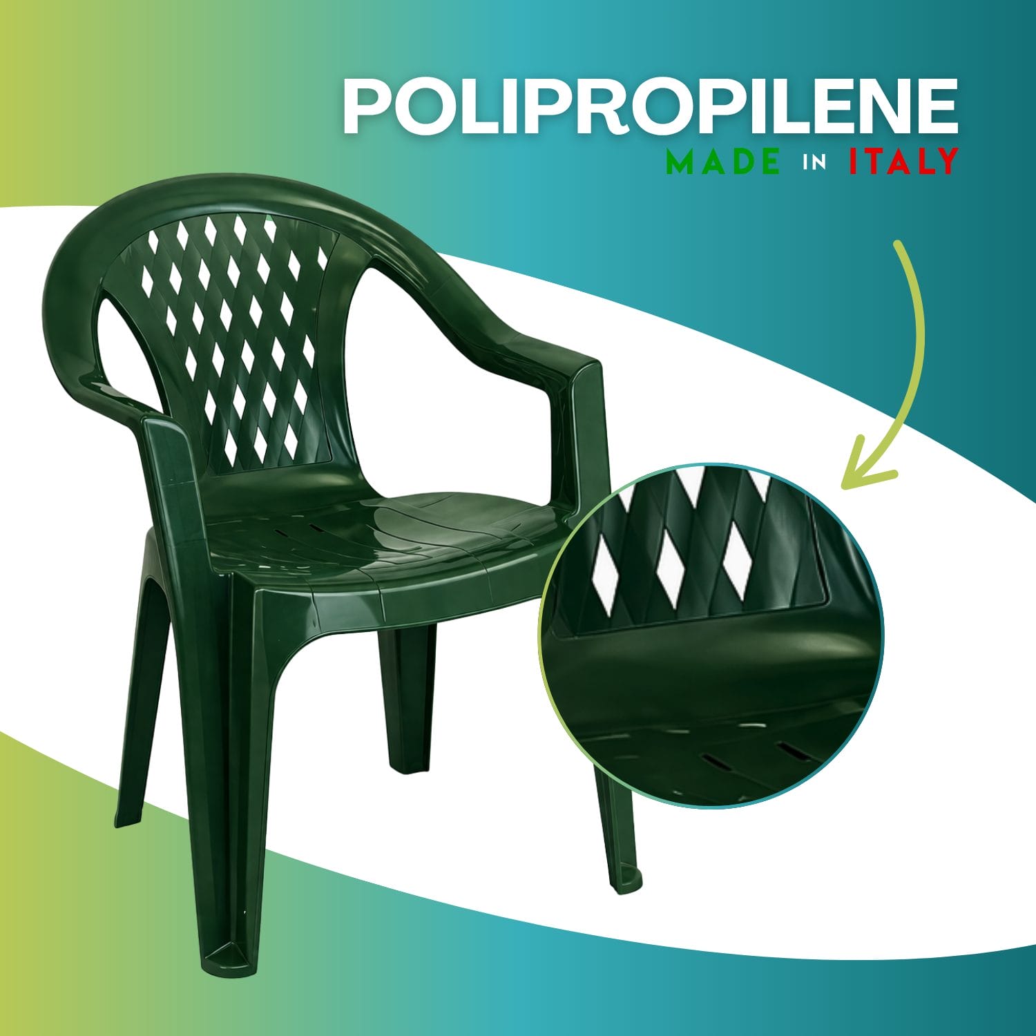 Sedia plastica verde in polipropilene resistente made in Italy dettaglio