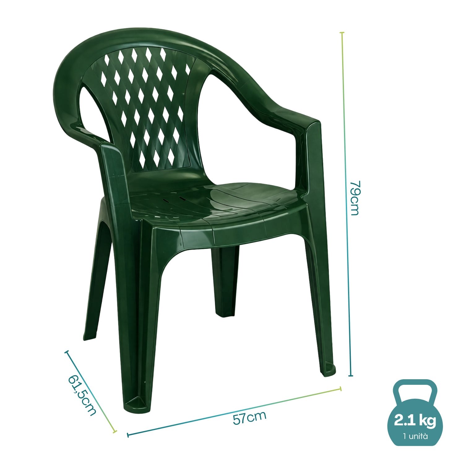 Sedia giardino plastica verde dimensioni 57x61,5x79 cm leggera e resistente