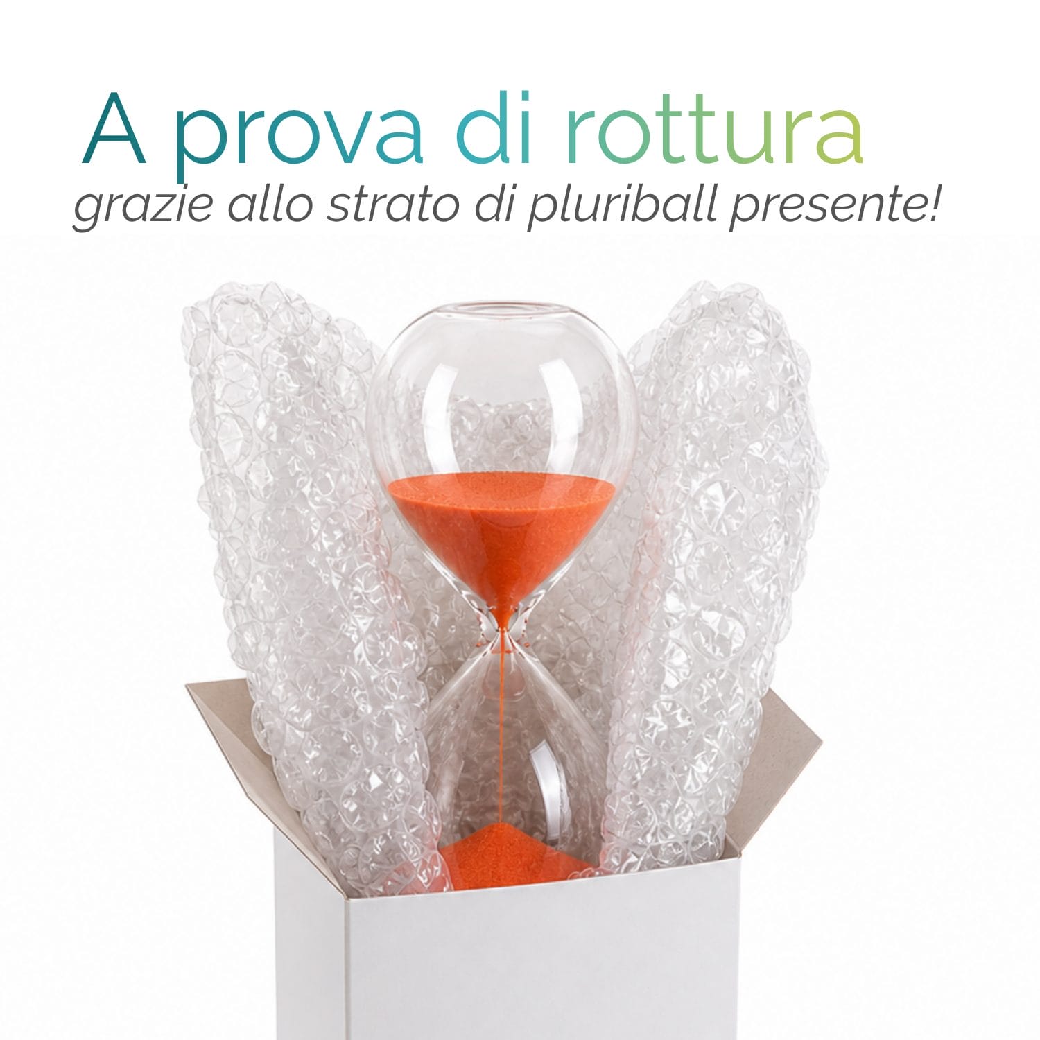 Clessidra protetta da imballaggio con pluriball all’interno di scatola, confezione sicura antiurto.