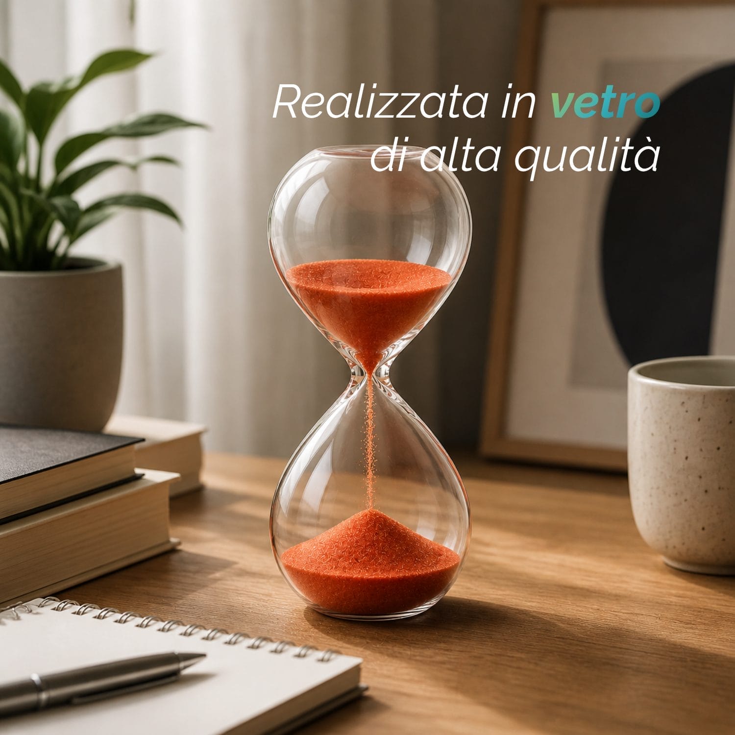 Clessidra in vetro con sabbia colorata utilizzata come bomboniera per eventi e cerimonie.