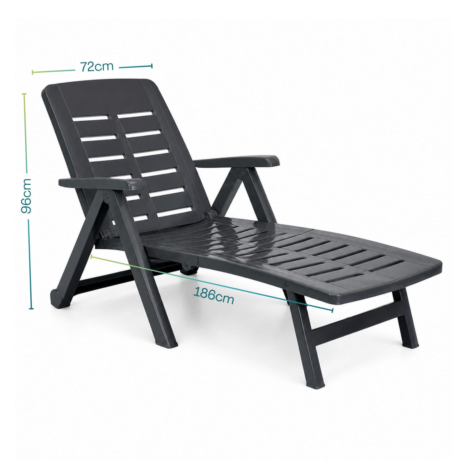 Lettino prendisole con dimensioni: lunghezza 186 cm, larghezza 72 cm, altezza 96 cm.