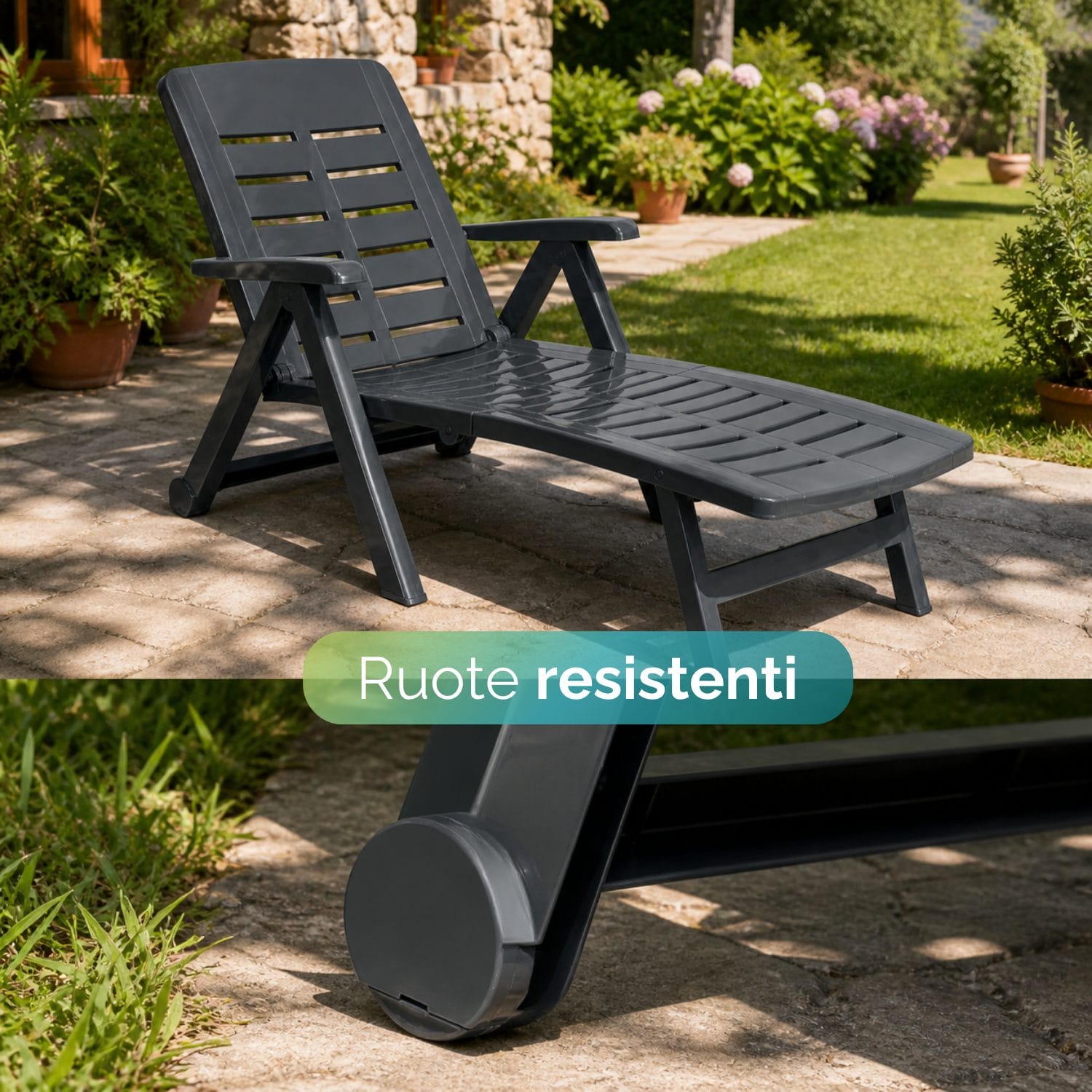 Lettino con ruote resistenti per facile spostamento su superfici esterne.