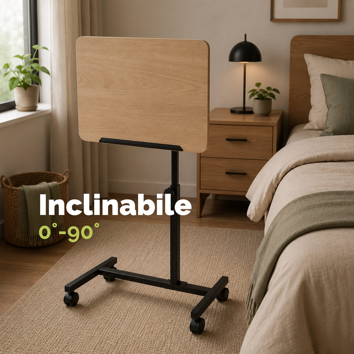 Tavolino regolabile con piano inclinabile a 90° e ruote per laptop e smart working