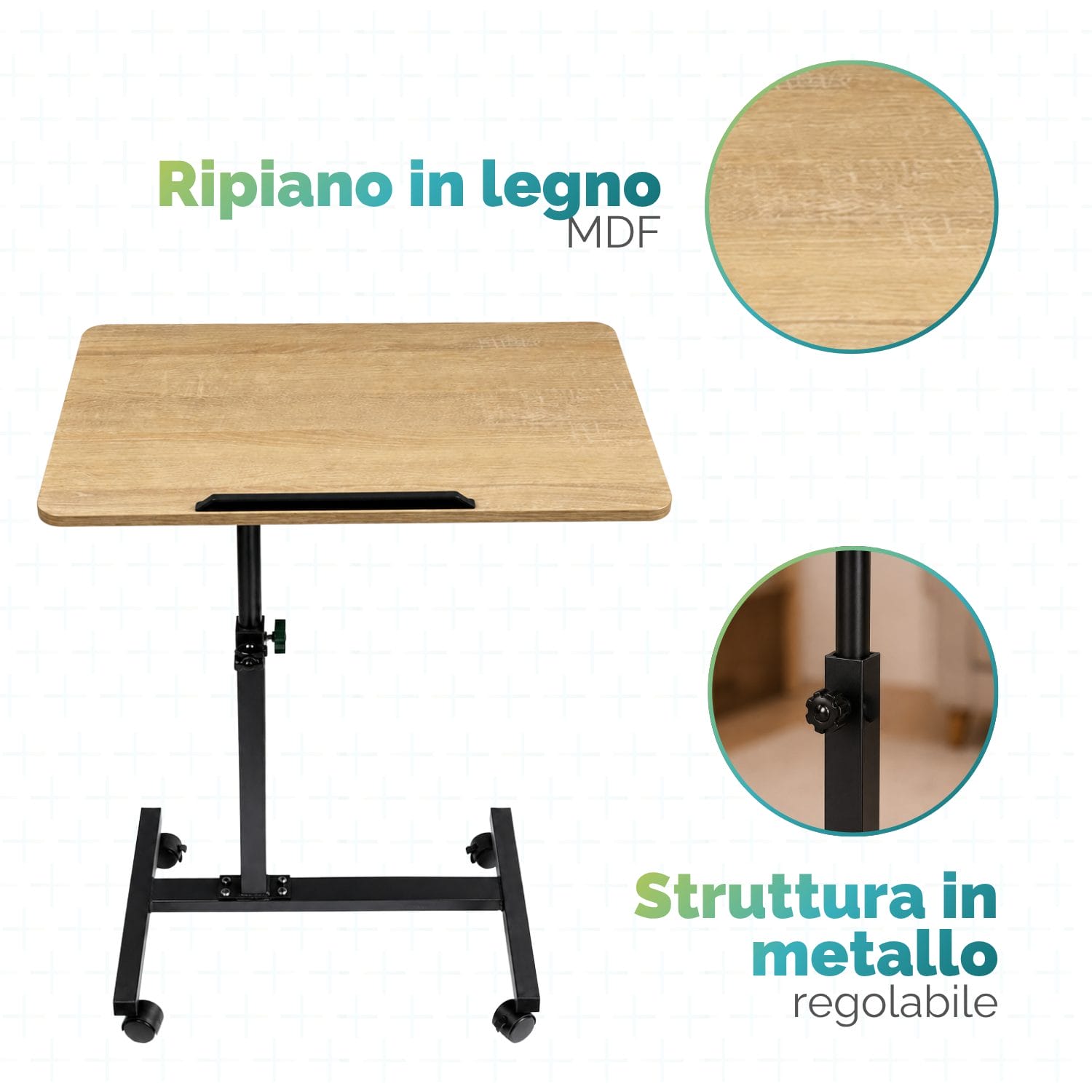tavolo per computer con ruote materiale Tavolino regolabile con piano MDF e ruote antigraffio per uso domestico quotidiano