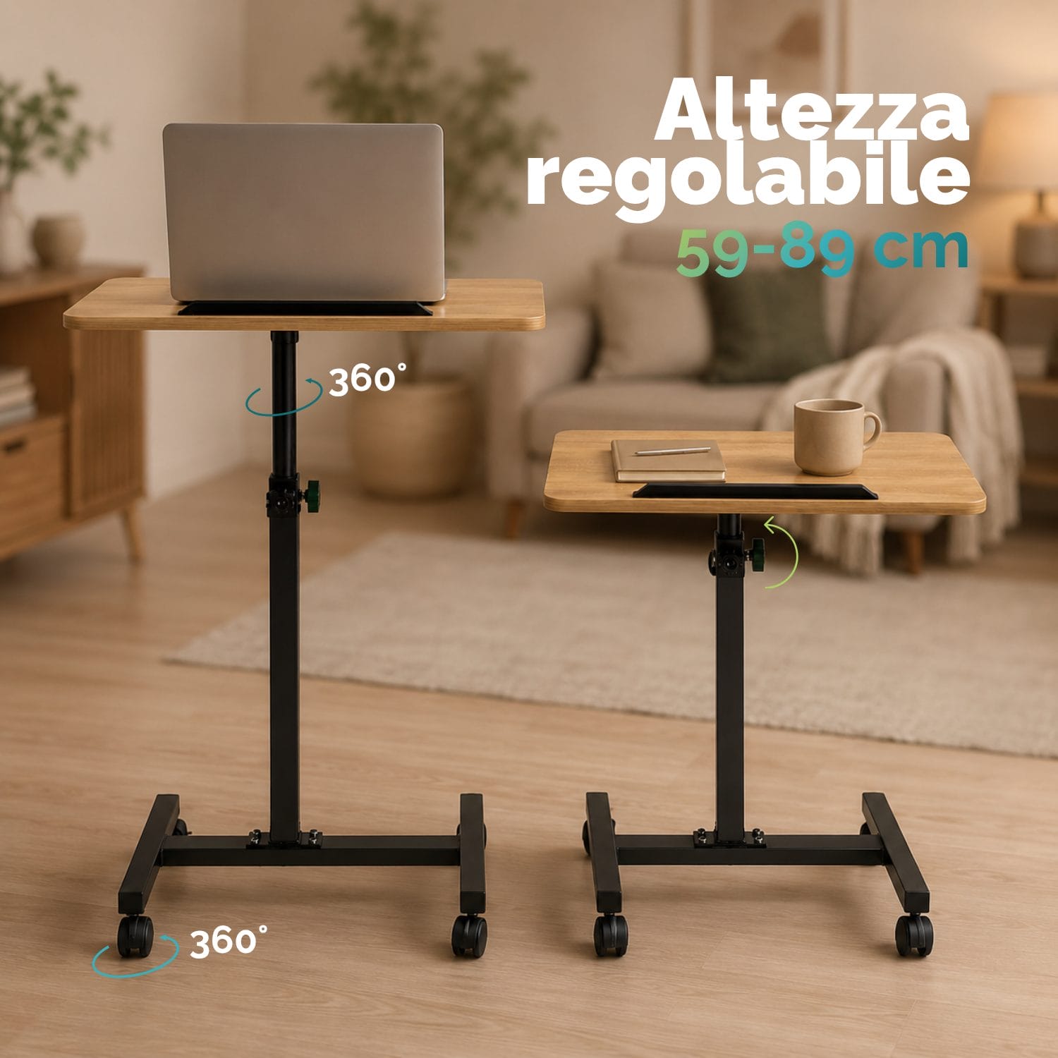tavolo per computer con ruote regolabile Tavolino regolabile con altezza 59-89 cm e ruote girevoli struttura in metallo nera