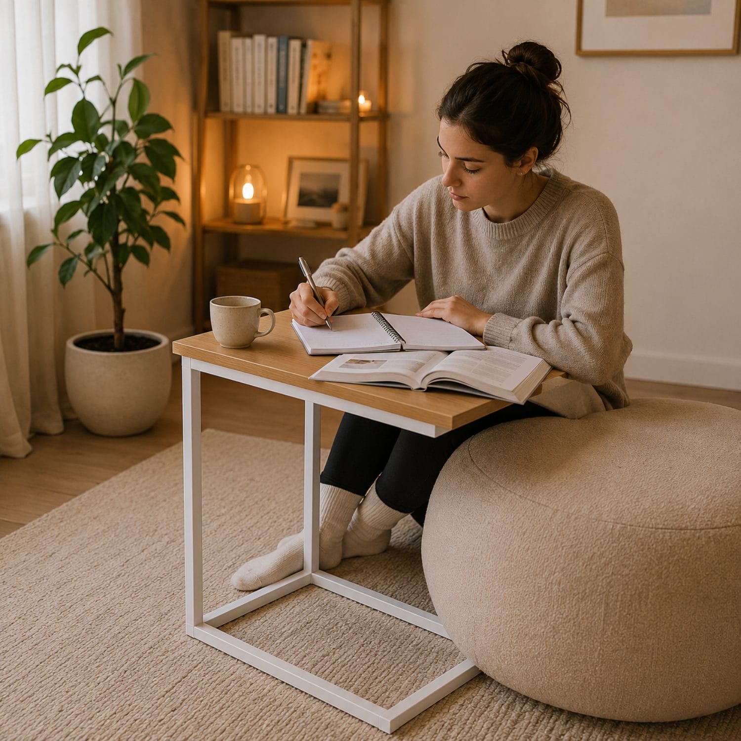 Tavolino a C ergonomico utilizzato per studio e smart working dal divano
