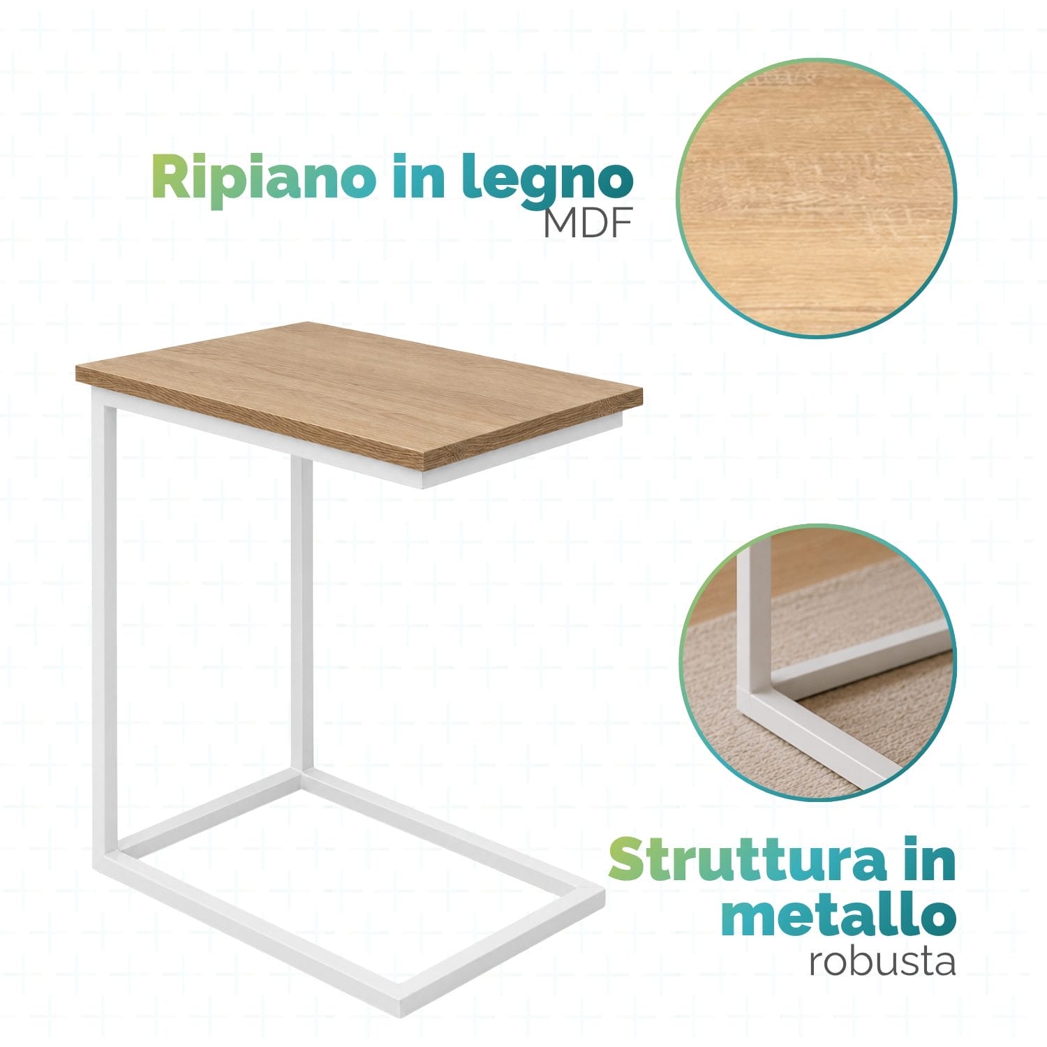 Tavolino laterale con ripiano in MDF effetto legno e struttura in metallo robusta