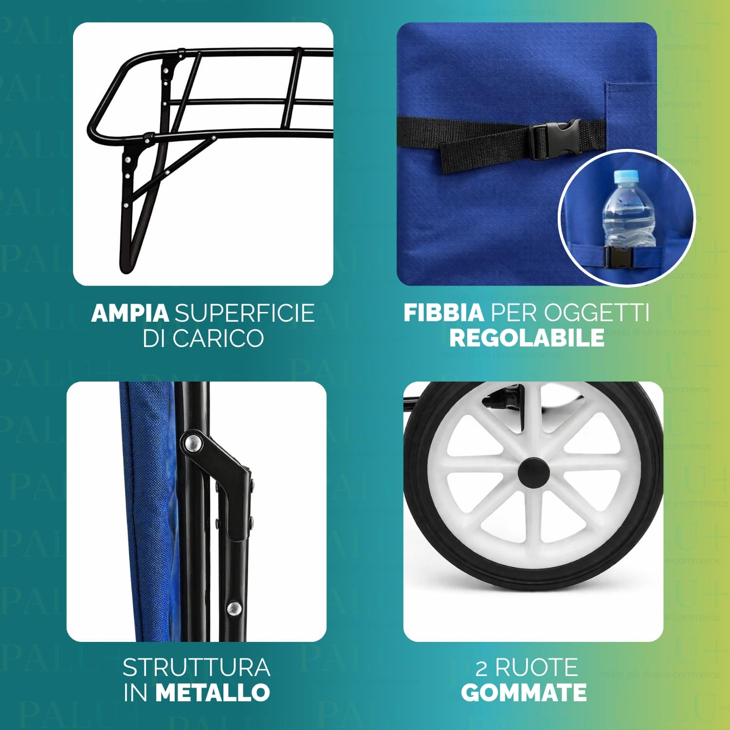 Carrello spiaggia con struttura in metallo ruote gommate e ampia superficie di carico