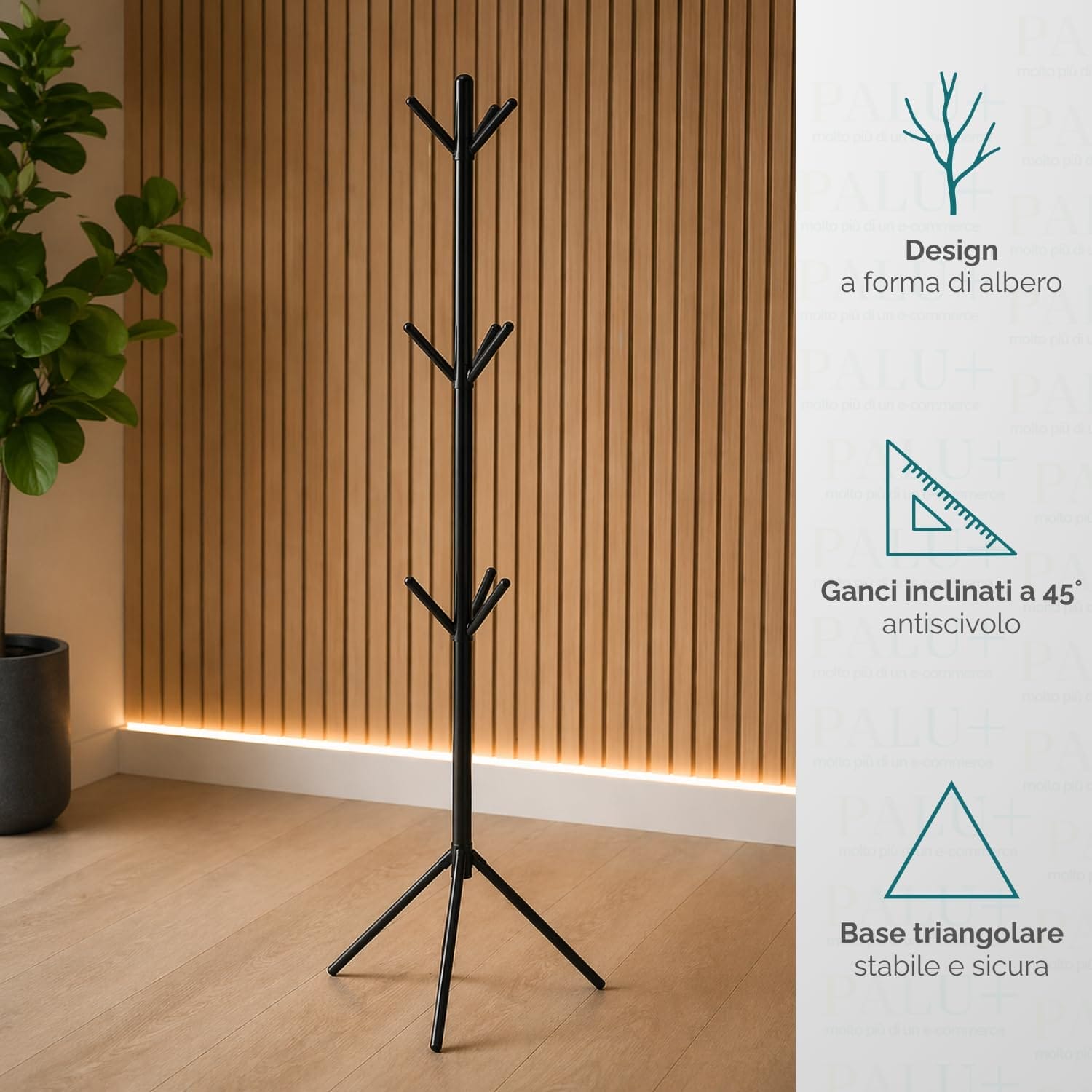 Attaccapanni da terra nero design albero con 9 ganci e base stabile triangolare
