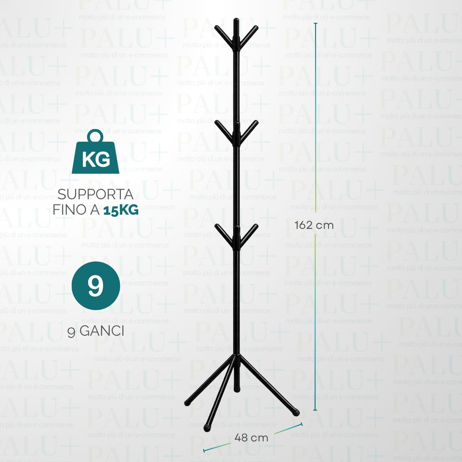 Attaccapanni da terra 9 ganci nero 162 cm con base stabile e supporto fino a 15 kg