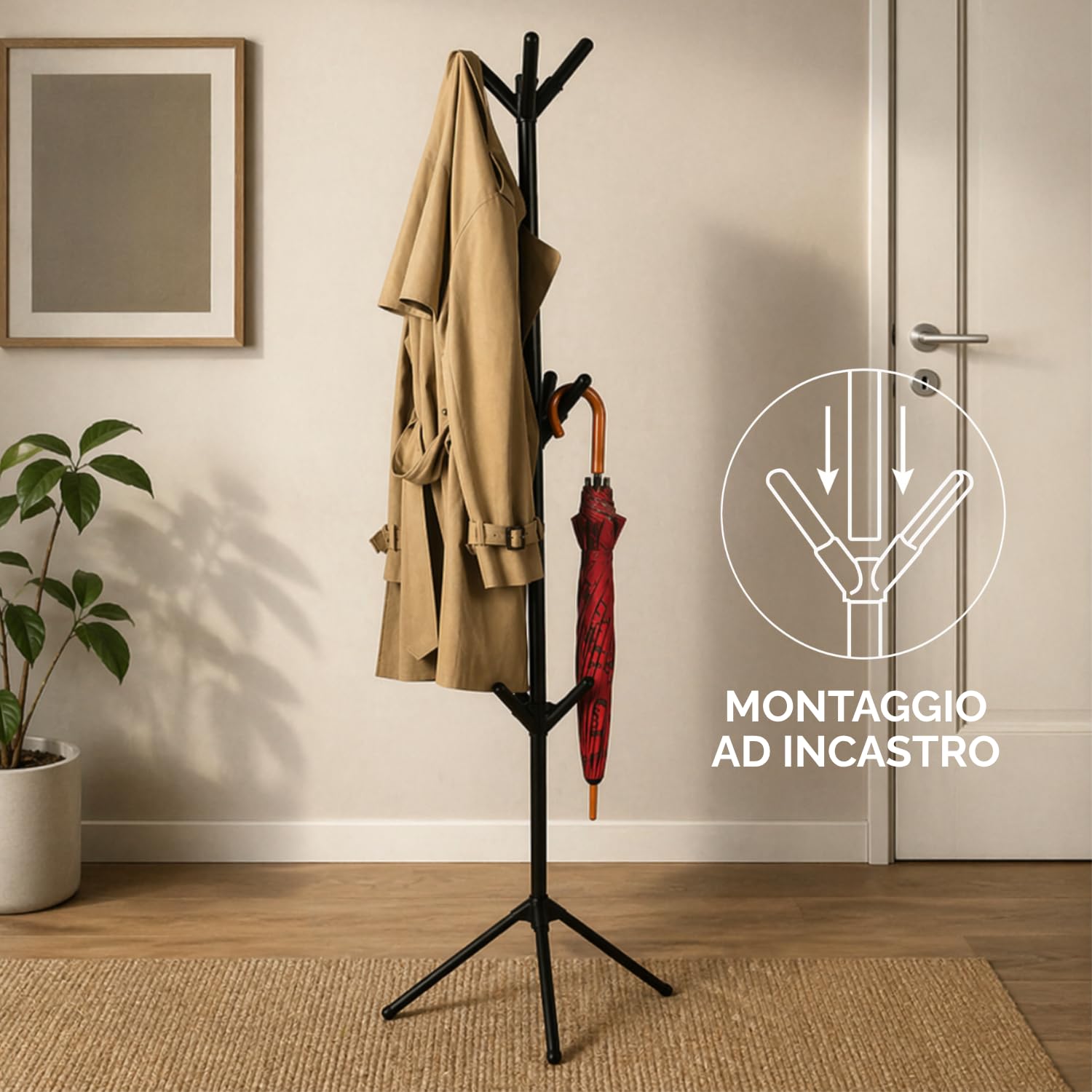 Attaccapanni da terra 9 ganci nero con montaggio a incastro facile e veloce senza attrezzi