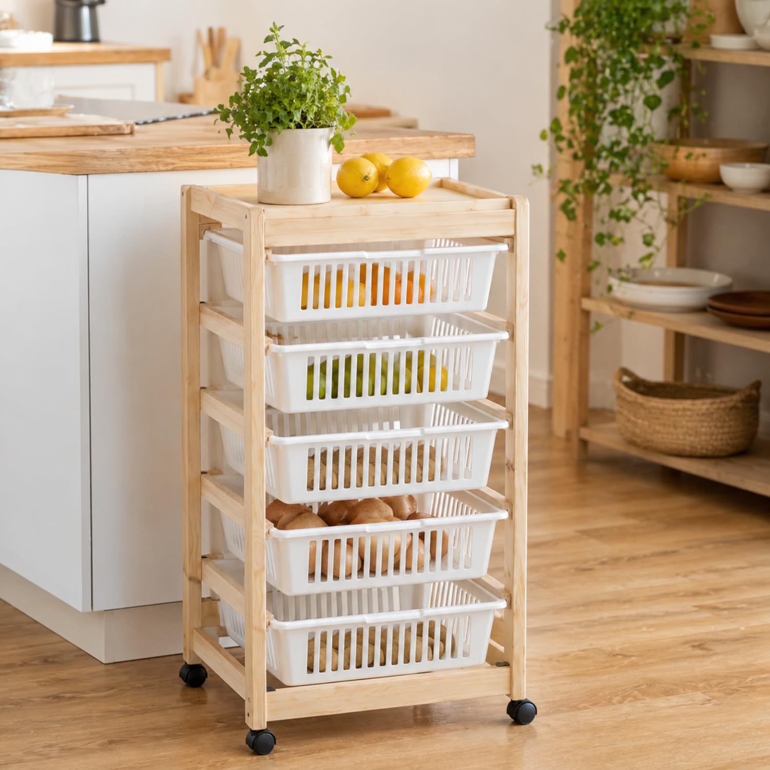 Carrello frutta e verdura in legno con cestelli estraibili in cucina