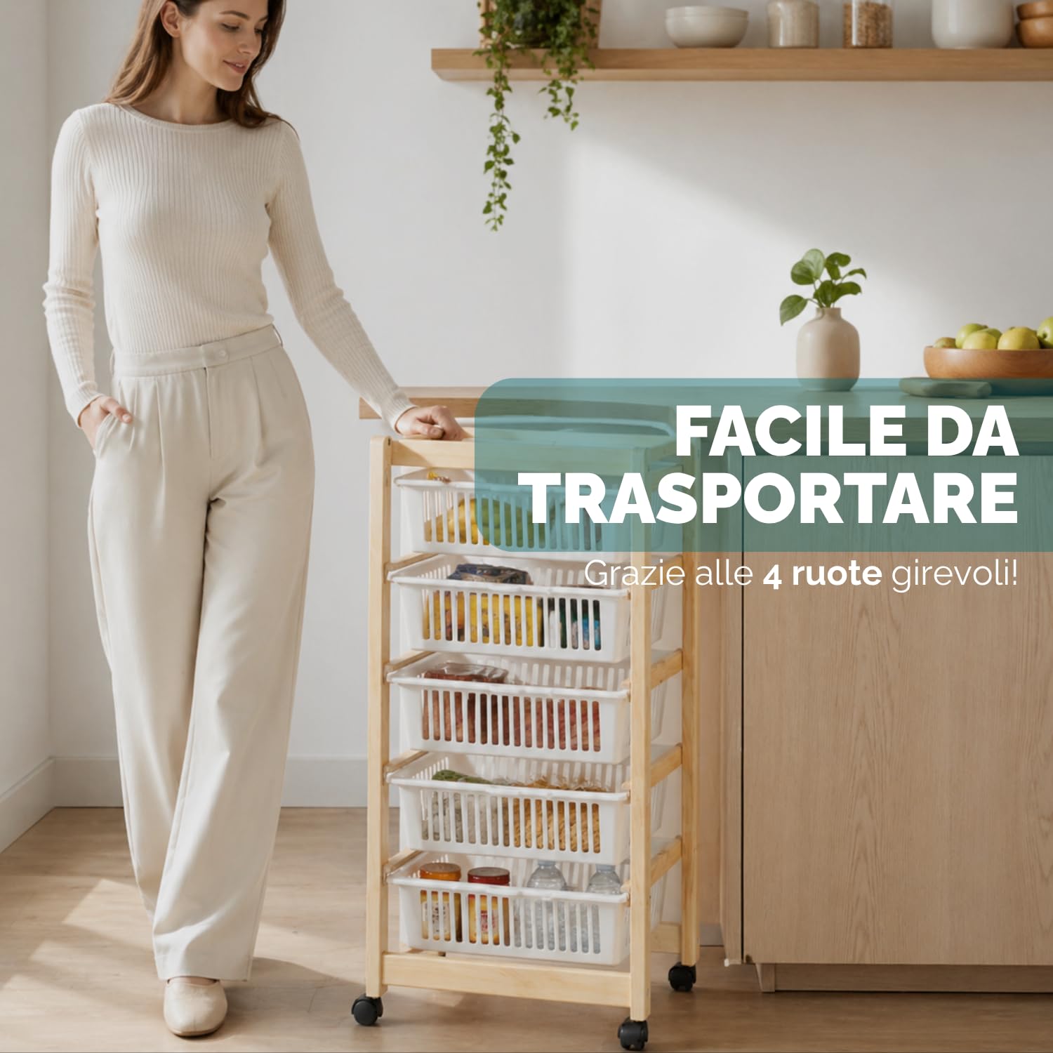 Carrello porta frutta in legno con 4 ruote girevoli facile da spostare