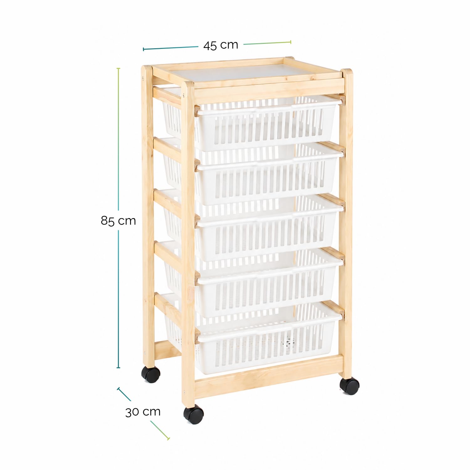 Carrello porta frutta legno 45x30x85 cm con 5 cestelli estraibili e ruote
