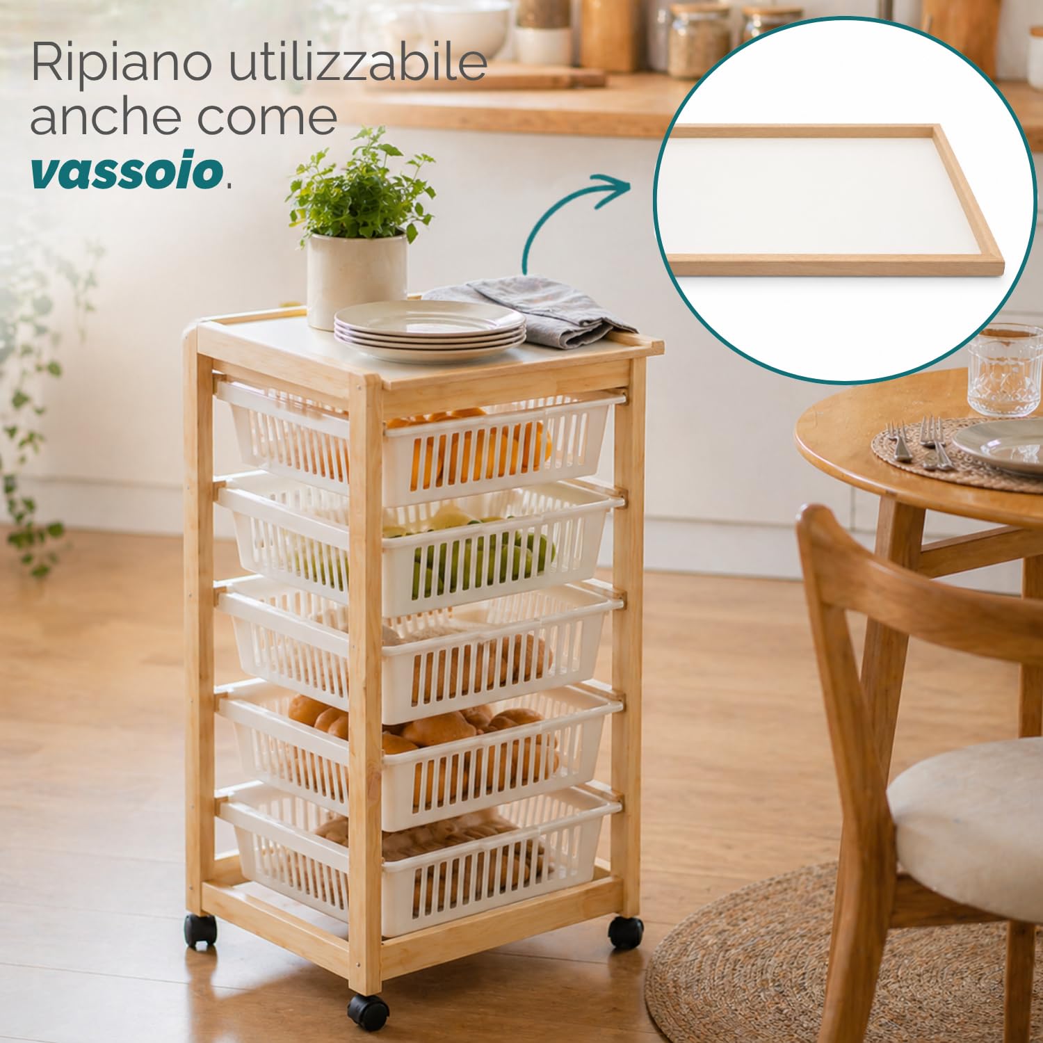 Carrello cucina in legno con ripiano superiore removibile vassoio