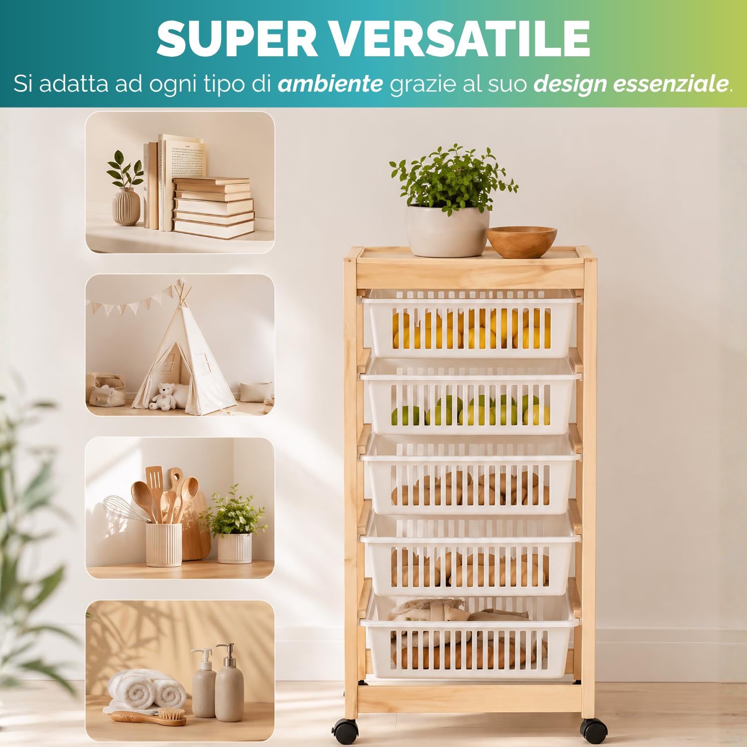 Carrello multiuso in legno con cestelli per cucina bagno e cameretta