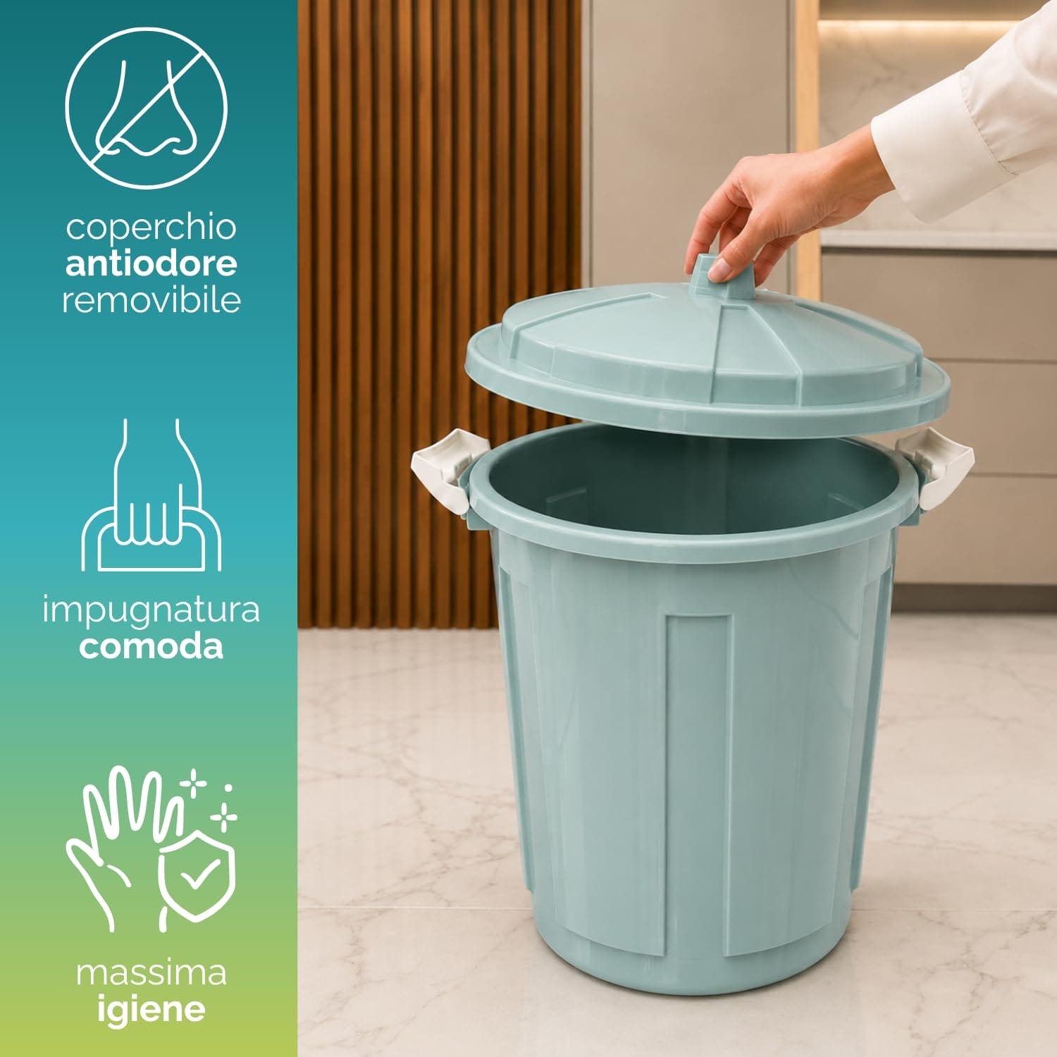 Secchio pattumiera verde con impugnatura comoda e massima igiene