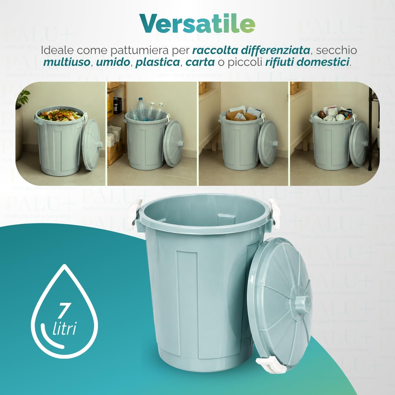 Bidone verde con chiusura a scatto e coperchio antiodore removibile
