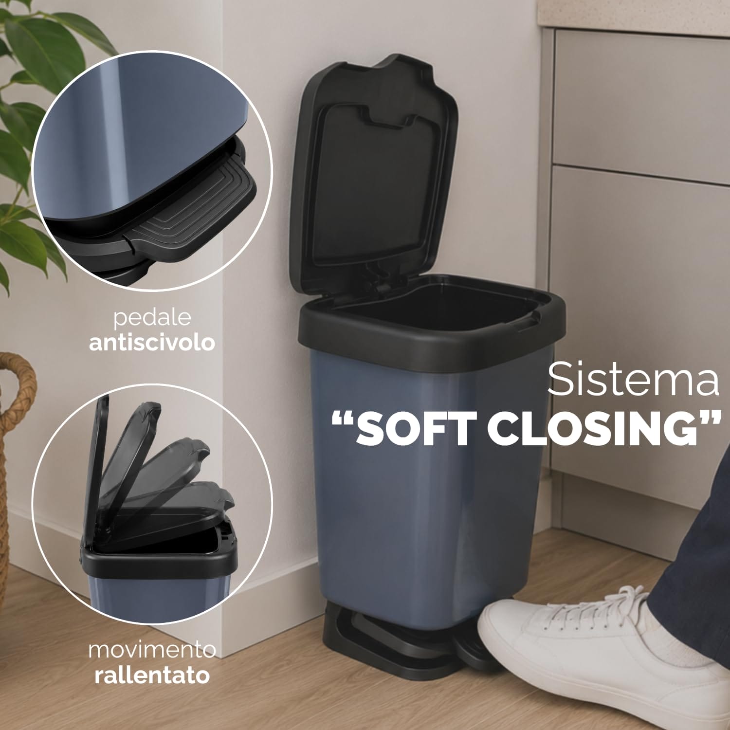 Pattumiera con pedale e chiusura rallentata soft close per cucina moderna