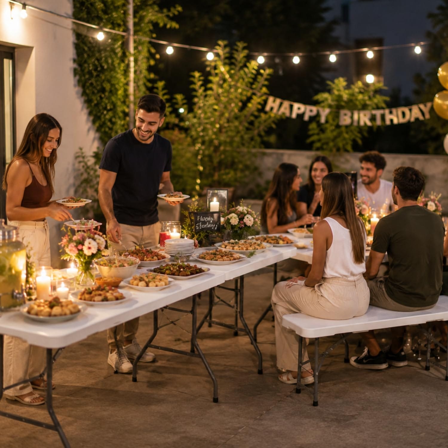 Set tavolo catering pieghevole con panche per feste compleanni ed eventi outdoor serali