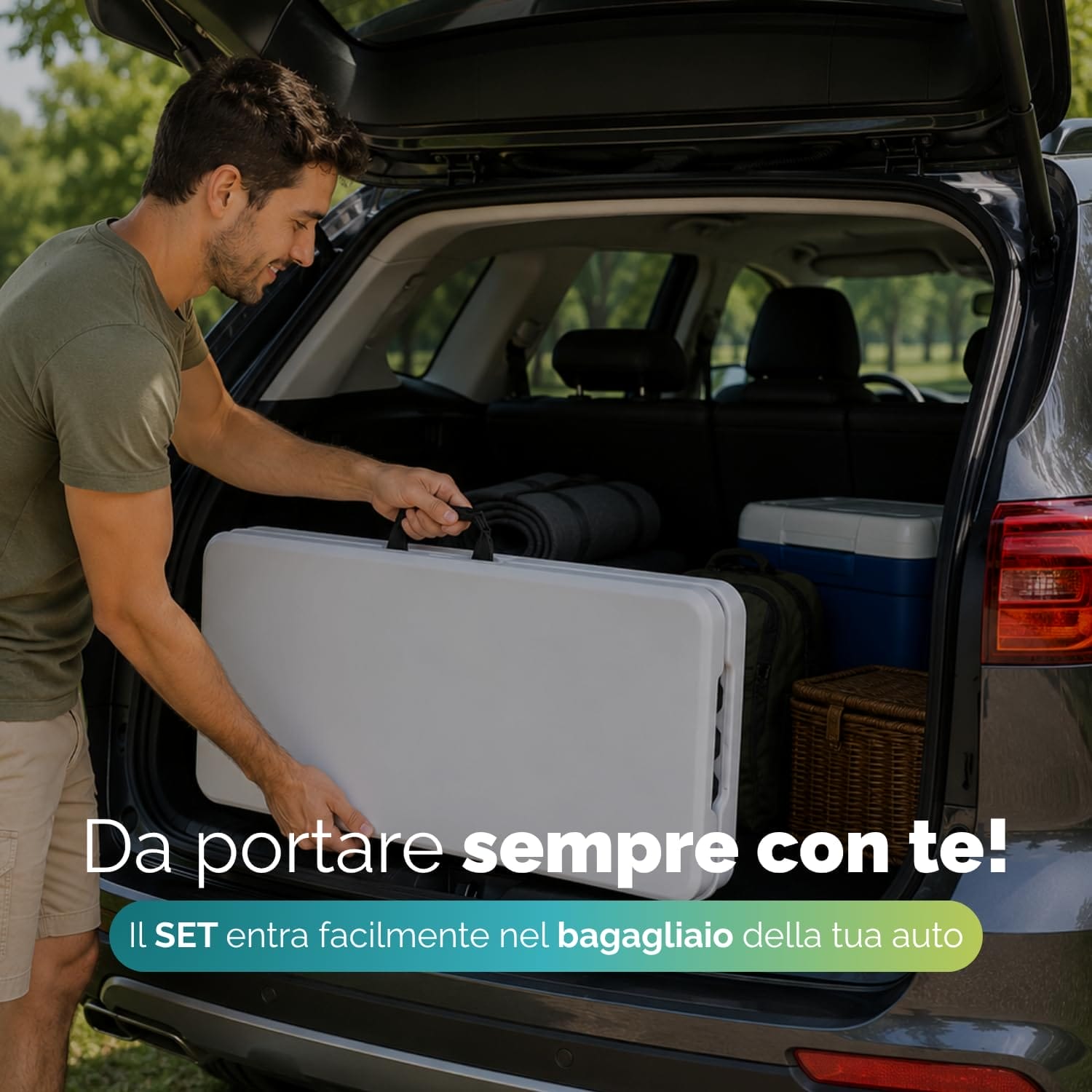 Set tavolo e panche pieghevoli trasportabile nel bagagliaio auto per campeggio e picnic