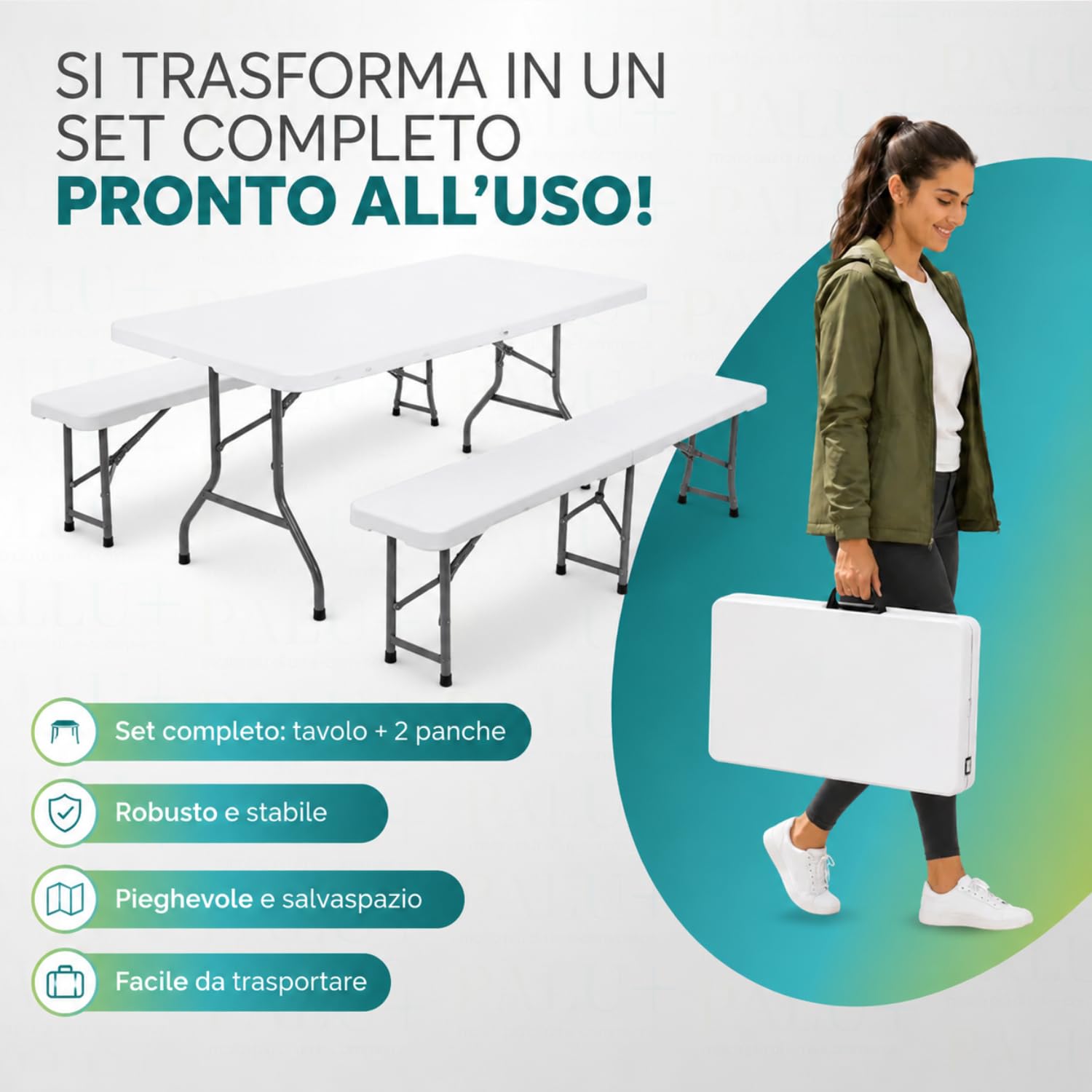 caratteristiche-set-tavolo-quattro-stagioni Set tavolo e 2 panche pieghevoli richiudibili a valigia facile da trasportare e salvaspazio